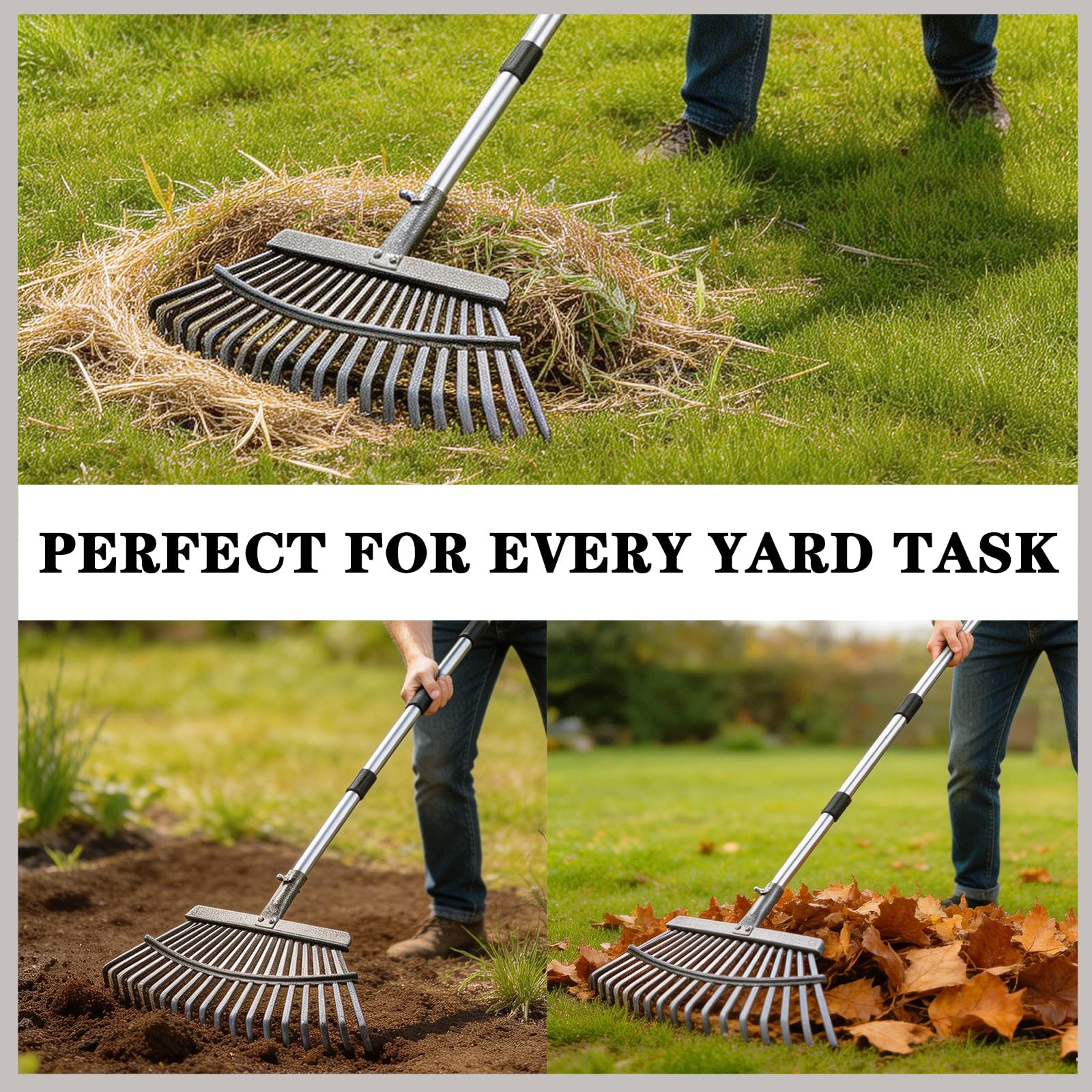 Rastrello da giardino in metallo con manico in acciaio inox da 180 cm, rastrello per foglie, per giardino, prato, arbusti, erba, pacciame, robusto