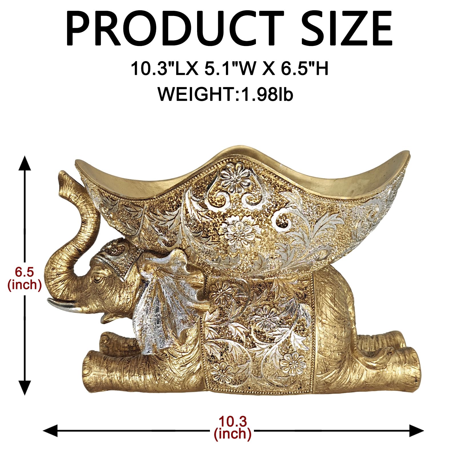Estatua de elefante con bandeja de almacenamiento, escultura de figura dorada, decoración del hogar inspirada en África para sala de estar, oficina, estantería o escritorio, para amantes del