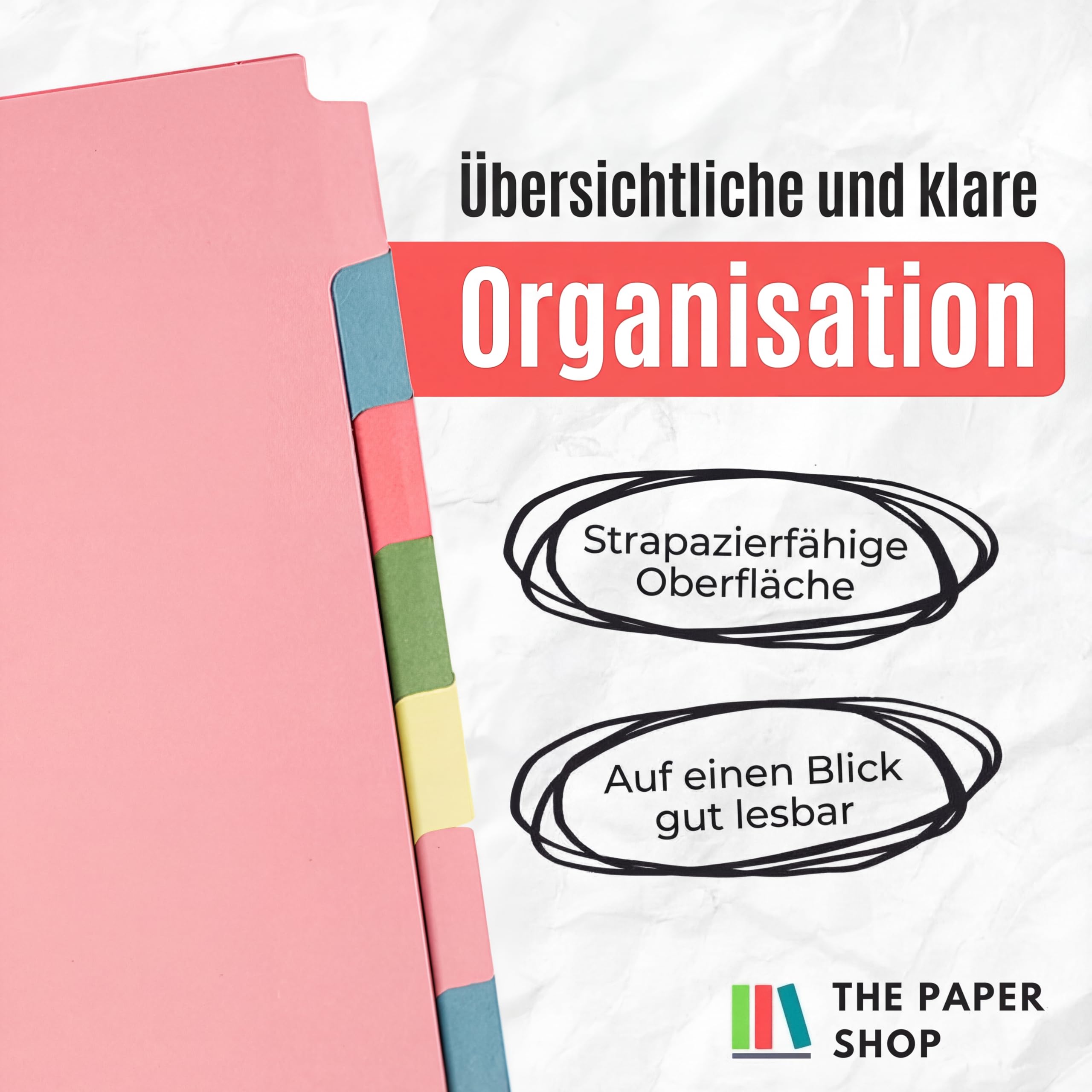 The Paper Shop A4 Ordner Register Unterteiler Hochformat 150 g/m² | 5 Pack | 10-Teilig Mehrfach Gelocht Aus Stabiler Pappe | Farbige Trennblätter für Dokumente Büro Schule Archiv Organisation