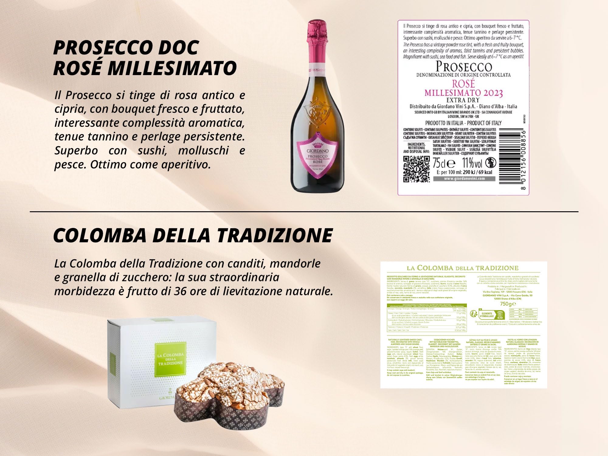 GIORDANO VINI Box Regalo Il Gusto della Pasqua – 1 Prosecco Rosé, 1 Colomba da 750g e 5 Specialità Dolci in Confezione Pasquale, Selezione Gourmet di Confetti, Ovetti e Frutta Secca
