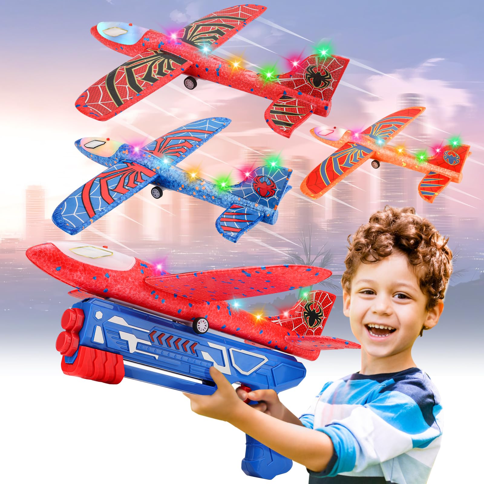 Fuwidvia 3 Pack Airplane Launcher Toys, 13.2'' Spider LED Foam Glider Catapult Plane Toy for Boys, 2 Flight Modes Outdoor Flying Toys Birthday Gifts for Boys Girls 4 5 6 7 8 9 10 11 12 Year Old