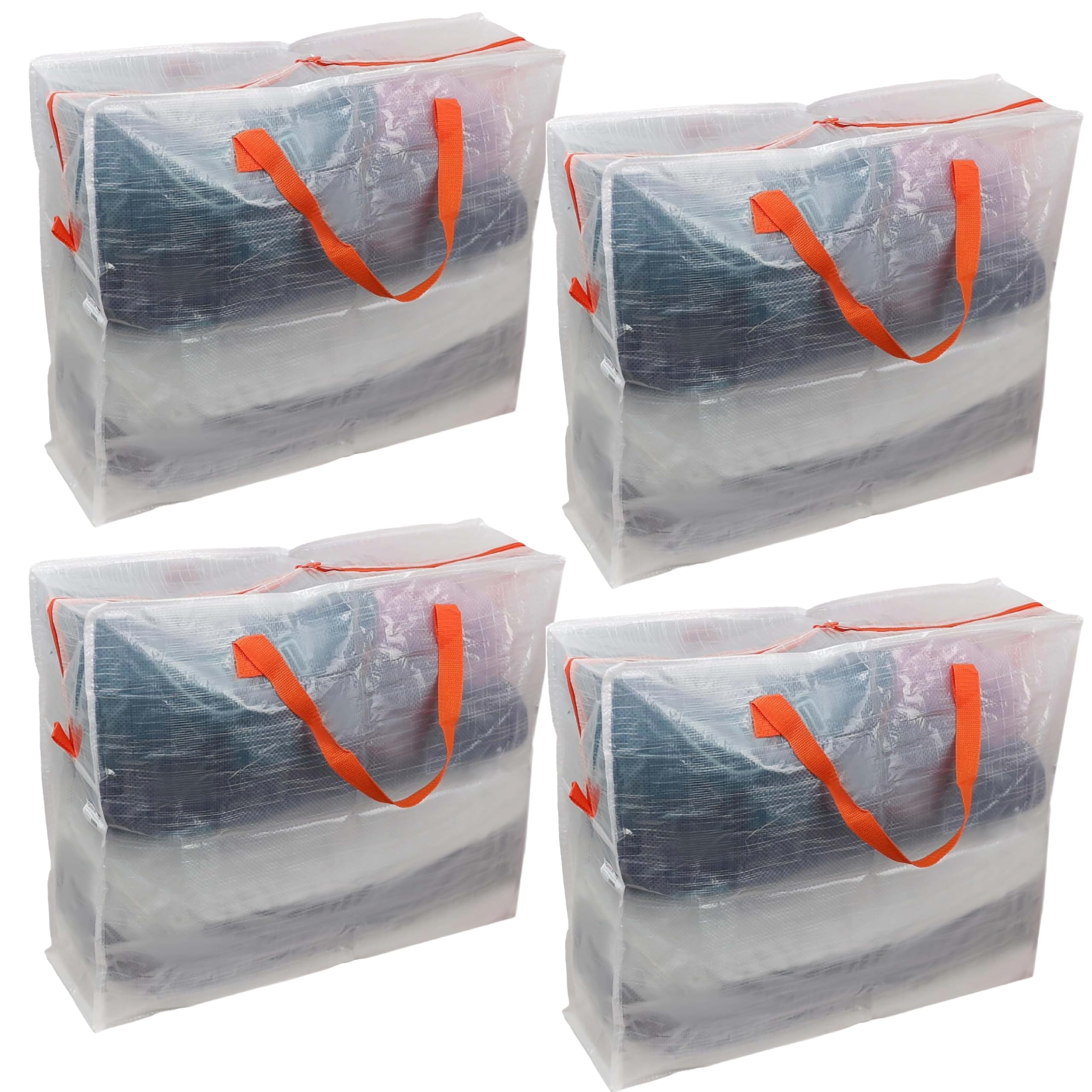 Divchi 140Gsm Pp Transparent Orange Pp Handle 4 Pack Storage Bags Packing Organizer With Zips And Handles Moving Bags For Moving Clothes Bedding Duvet Toys, Under Bed, Laundry Storage Packing Boxes