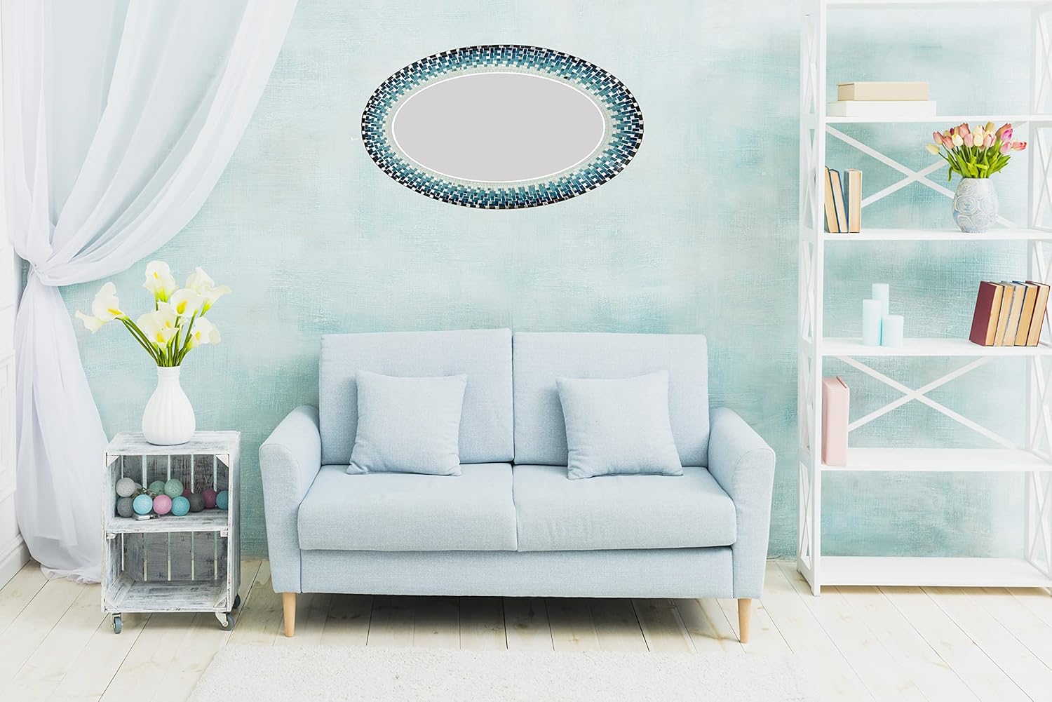 Wall Art Décor – Handcrafted Decorative Wall Mirror, Deep Blue, Teal, and White Mosaic, 32” x 24” Oval Shape for Hallway, Bedroom, Bathroom, Living Room