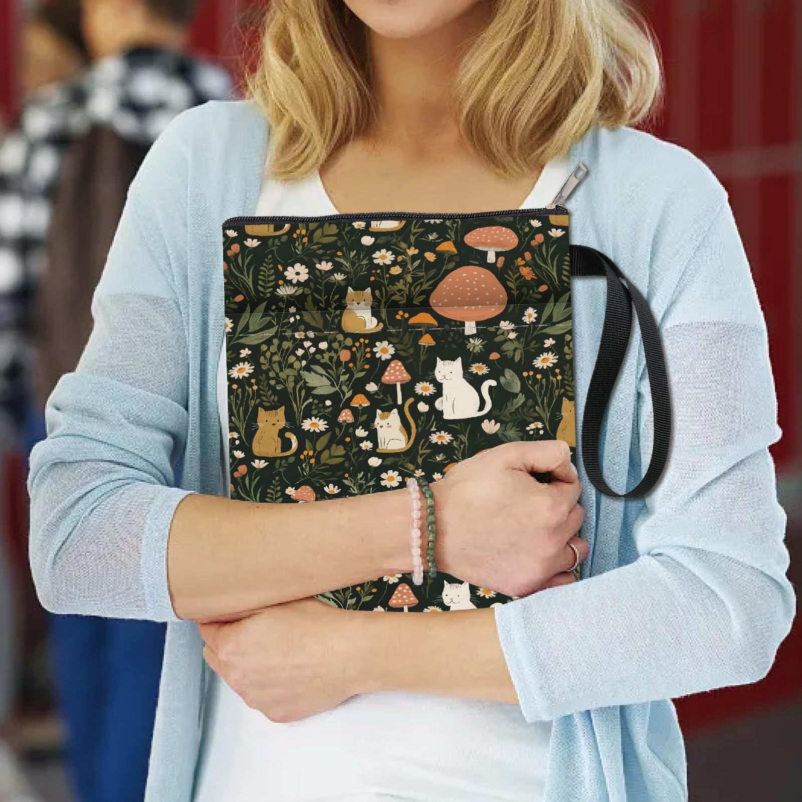 Copertina Per Libri Con Stampa Gatto E Fiori - Custodia Lavabile Con Cerniera E Tasca, 22x28cm - Foto 7