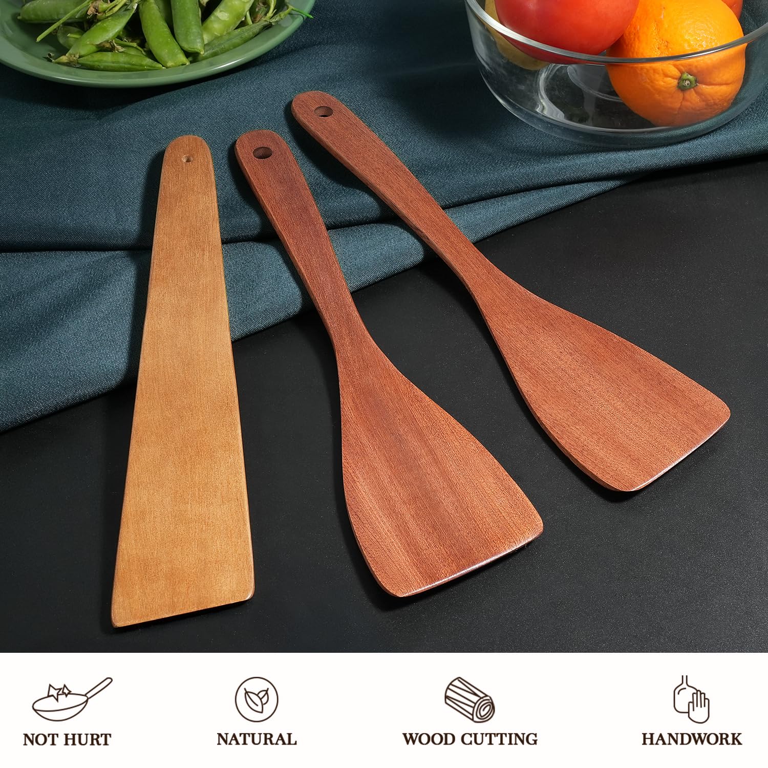 3Pcs Wooden Spatulas, 12inch Long Handle Flat Spatula Set for Nonstick Pans, Multipurpose Wooden Spoons for Cooking, Wood Cooking Utensil for Frying, Flipping, Scraping, and Turning
