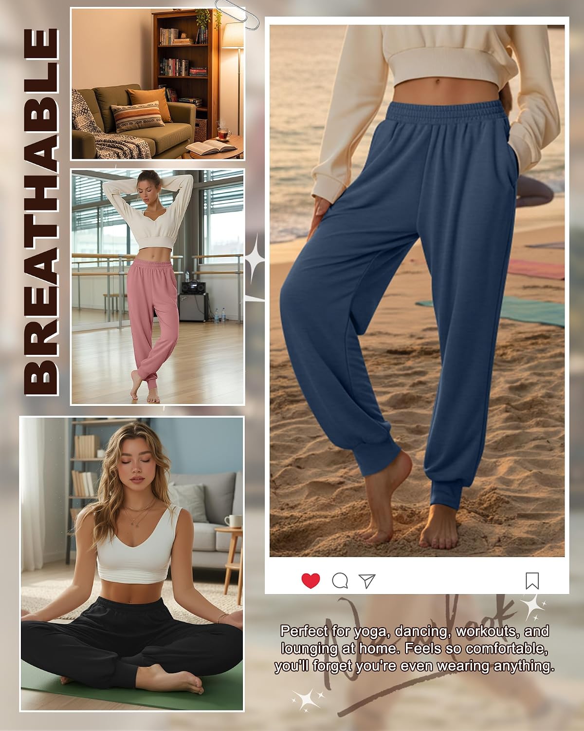 4 Pack Women's Jogger Pants with Side Pockets Drawstring Elastic Waist Sweatpants Ribbed Cuff Bottom Lounge Pants