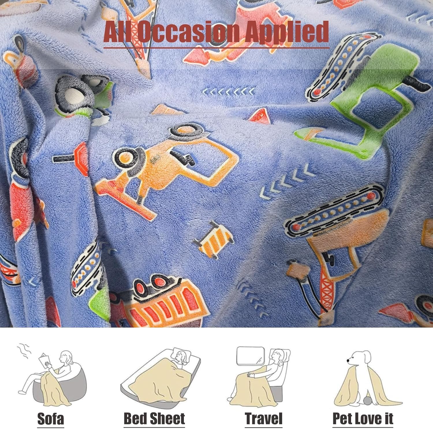 Glow in The Dark Excavator Blanket Construction Tractor Trucks Throw for Boys and Girls Blankets for Kids Toddler Cars Gifts for Boy (50"x60", 4)