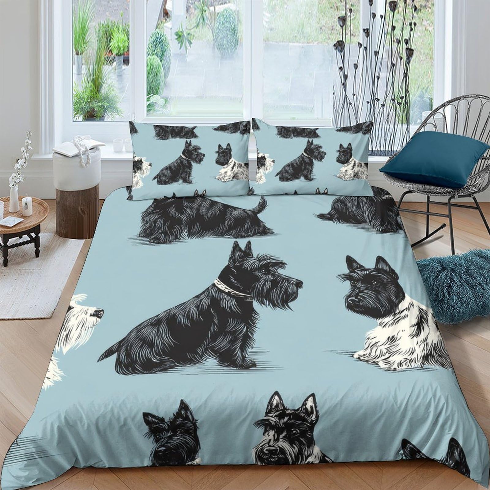 Ctjqhvkz Style-5 3D Printed Scottish Terrier Dog Fitted Sheet Microfiber Soft Blue Pet Pattern Bed Cover For Bedroom Dorm Decor Single（135X200cm）