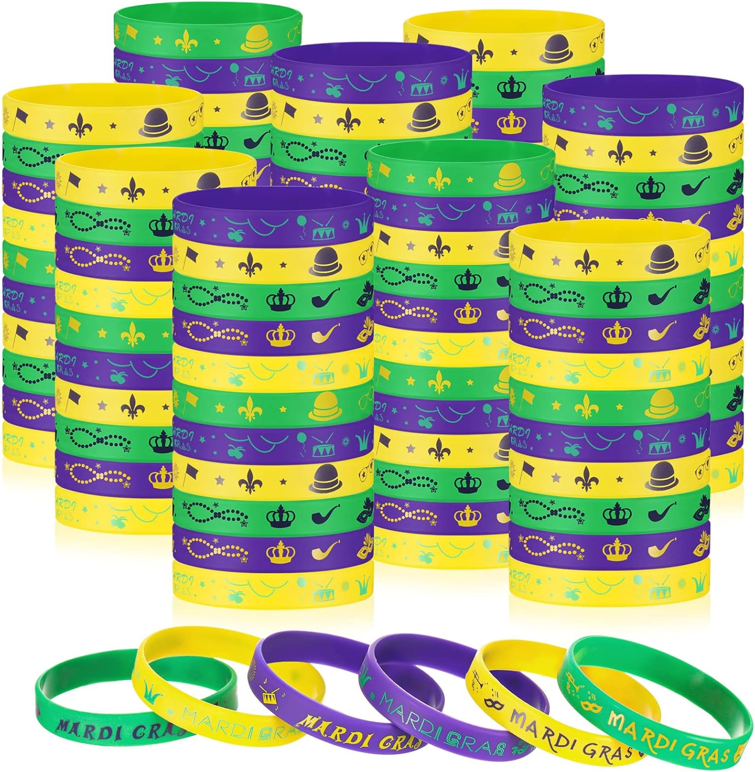 96 Pcs Mardi Gras Party Favors Rubber Bracelets Silicone
