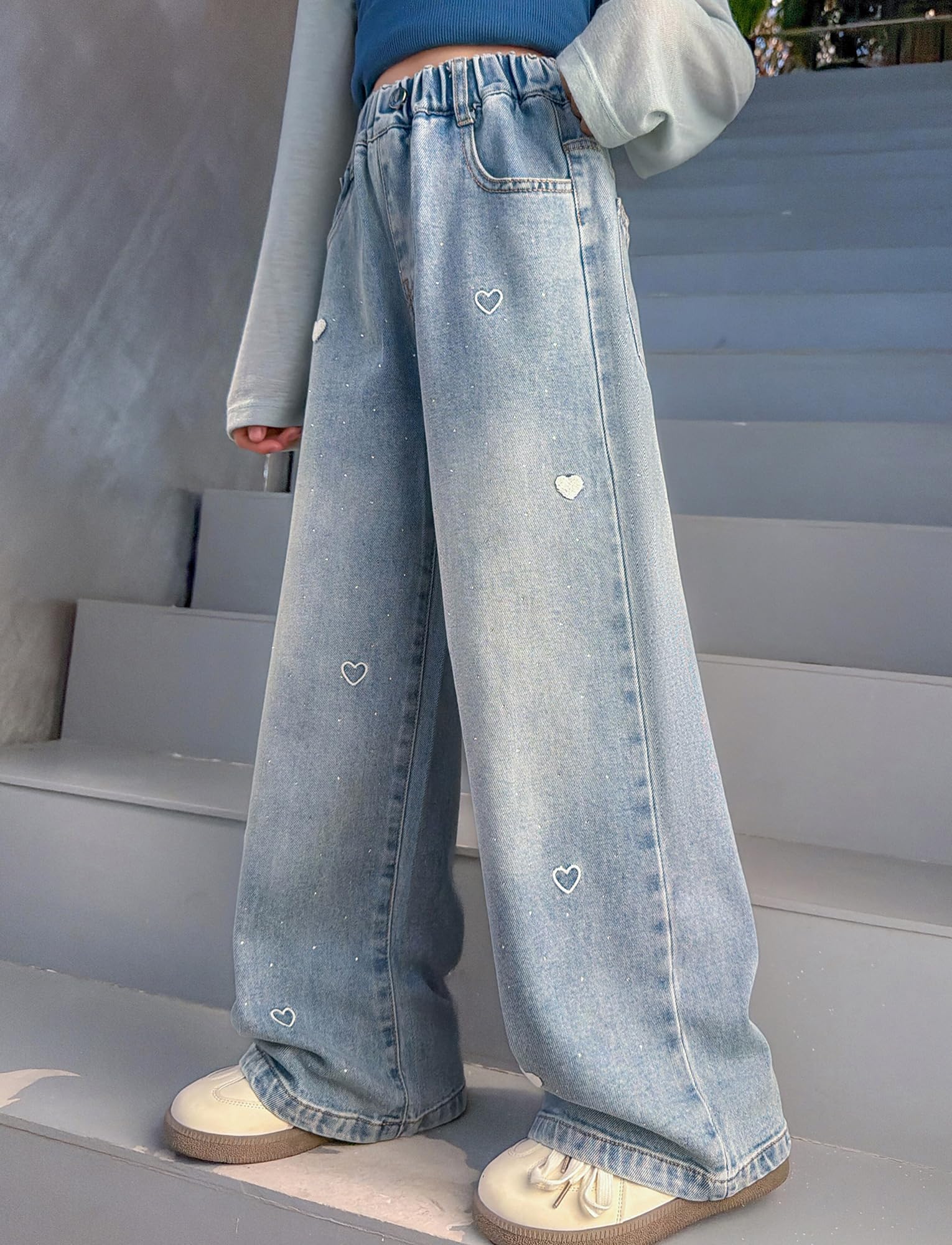 Happy Cherry Mädchen Jean Hosen Baggy Blau Denim Hose Kinder Hoher Elastischer Bund Jeans Weites Bein Casual Loose Straight Jeanshosen 120-170