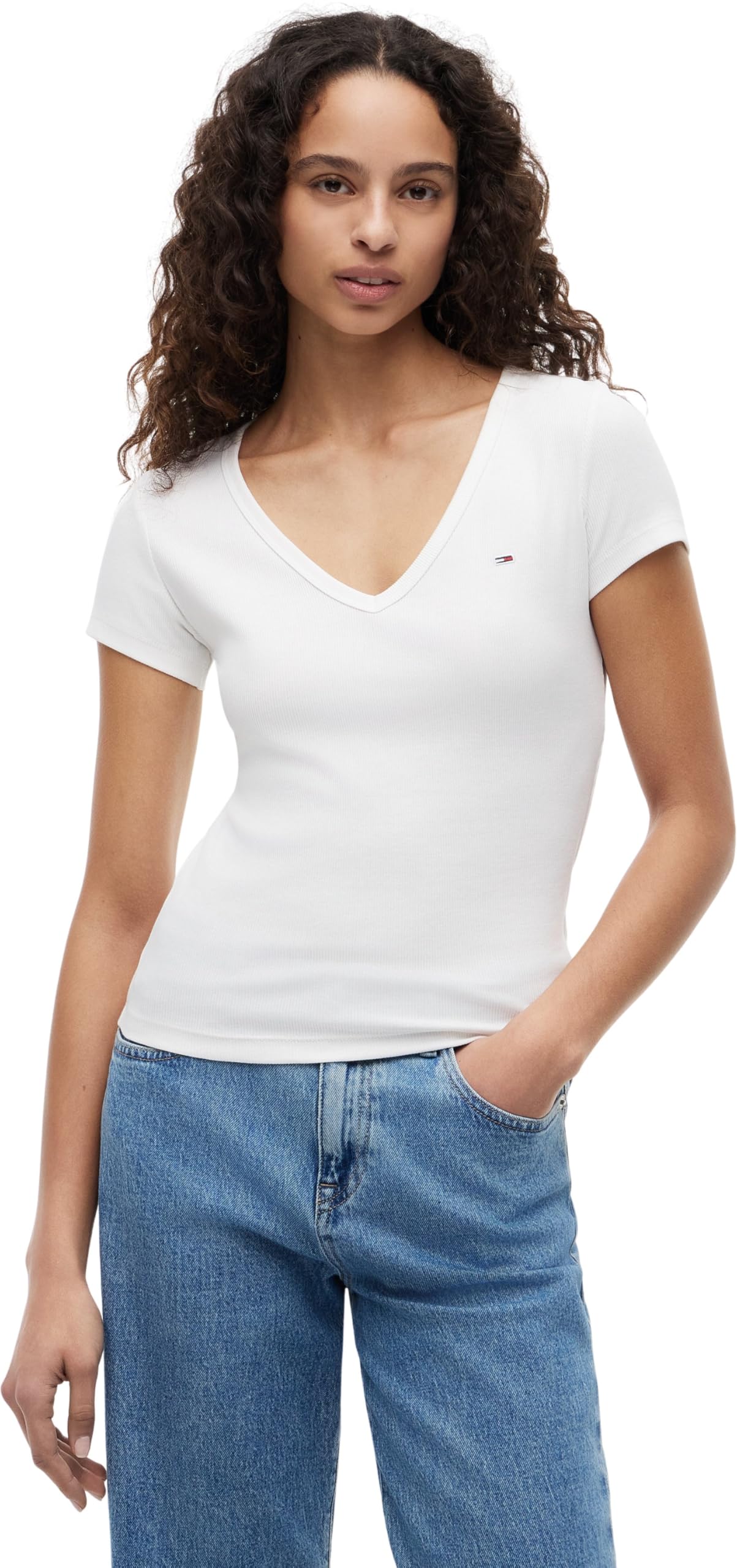 Tommy Jeans TJW SLIM ESSENTIAL RIB V SS Tişört Kadın