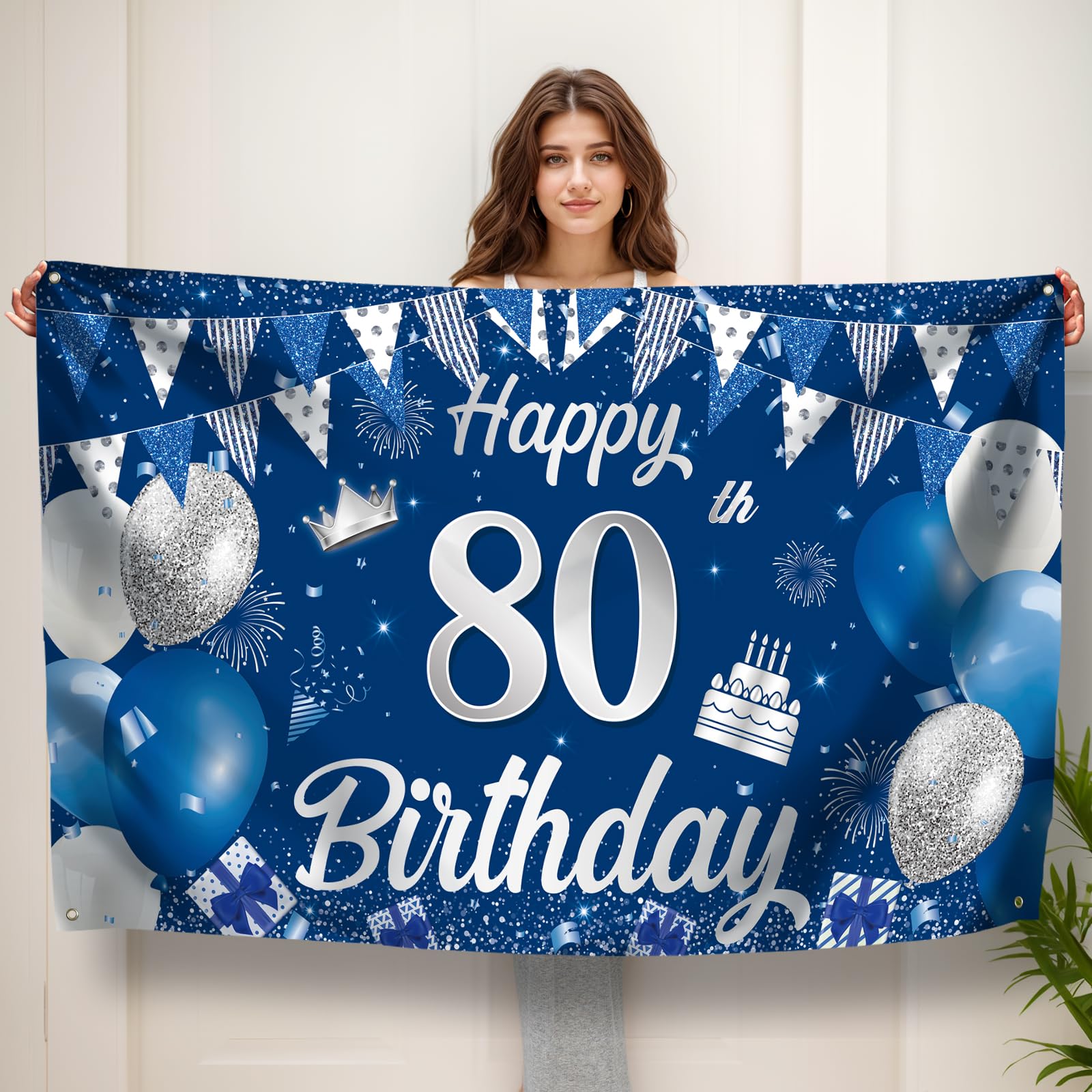 Koliphy 80th Birthday Banner, Happy 80th Birthday Banner Backdrop Decorations Handheld Extra Large Party Background Decor Sign Poster for Men & Women(Blue Silver)