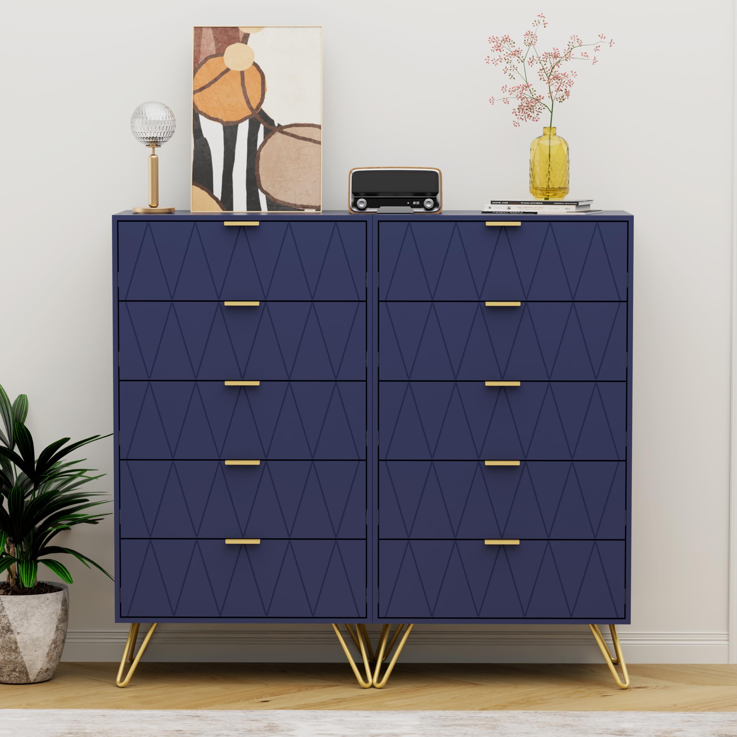 UEV Commode, Commode de Rangement à 5 Tiroirs, Style Moderne Scandinave, Manches et Pieds en Couleur Dorée, Commode Étroite pour Salon, Chambre, Couloir, 60 x 34 x 110 cm, Bleu