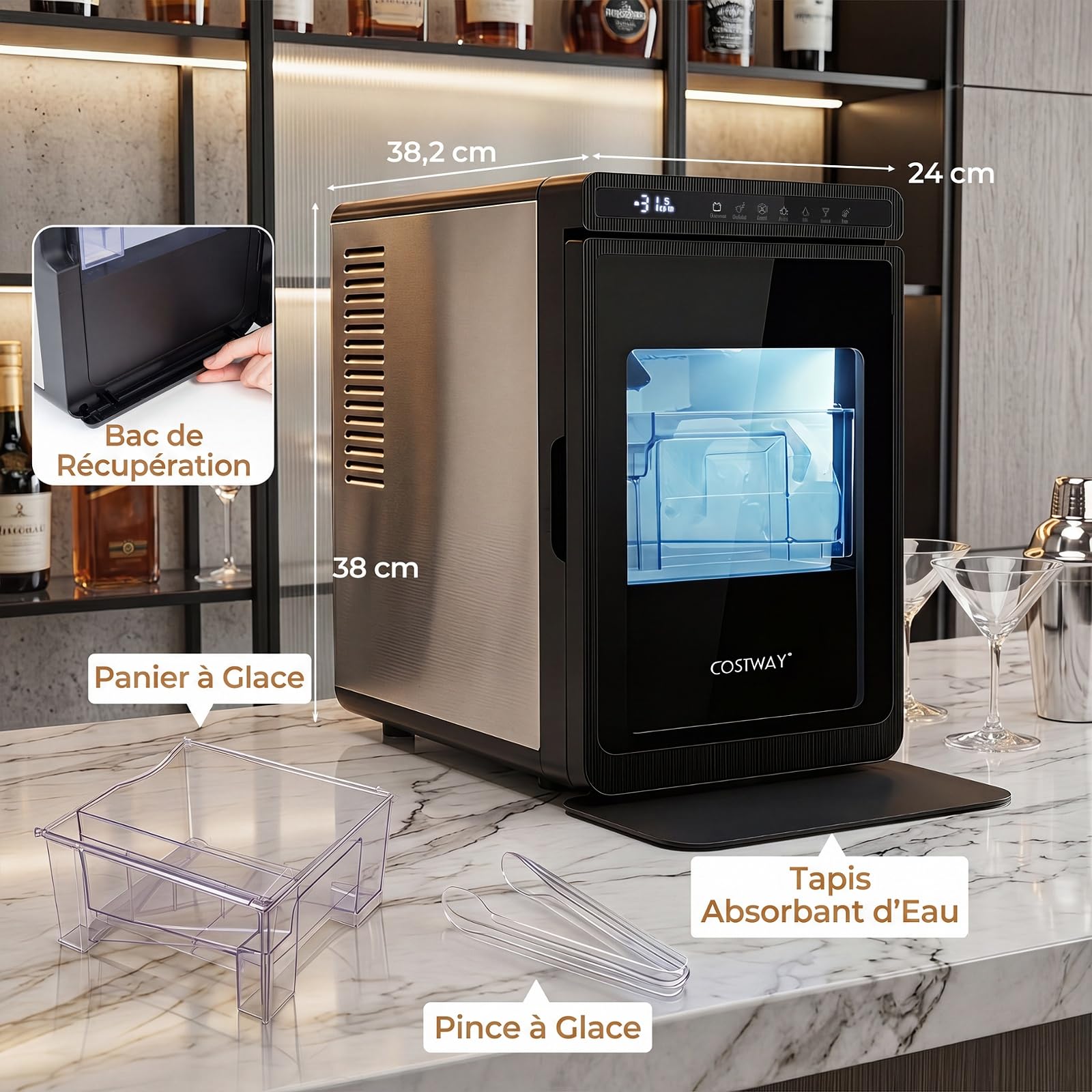 COSTWAY Machine a Glacons Transparents de Comptoir | Machine à Glace Silencieuse 12 kg/24h, Glaçons Carrés 4 cm à Fonte Lente, Épaisseur Réglable Auto-Nettoyage, Minuterie 24H