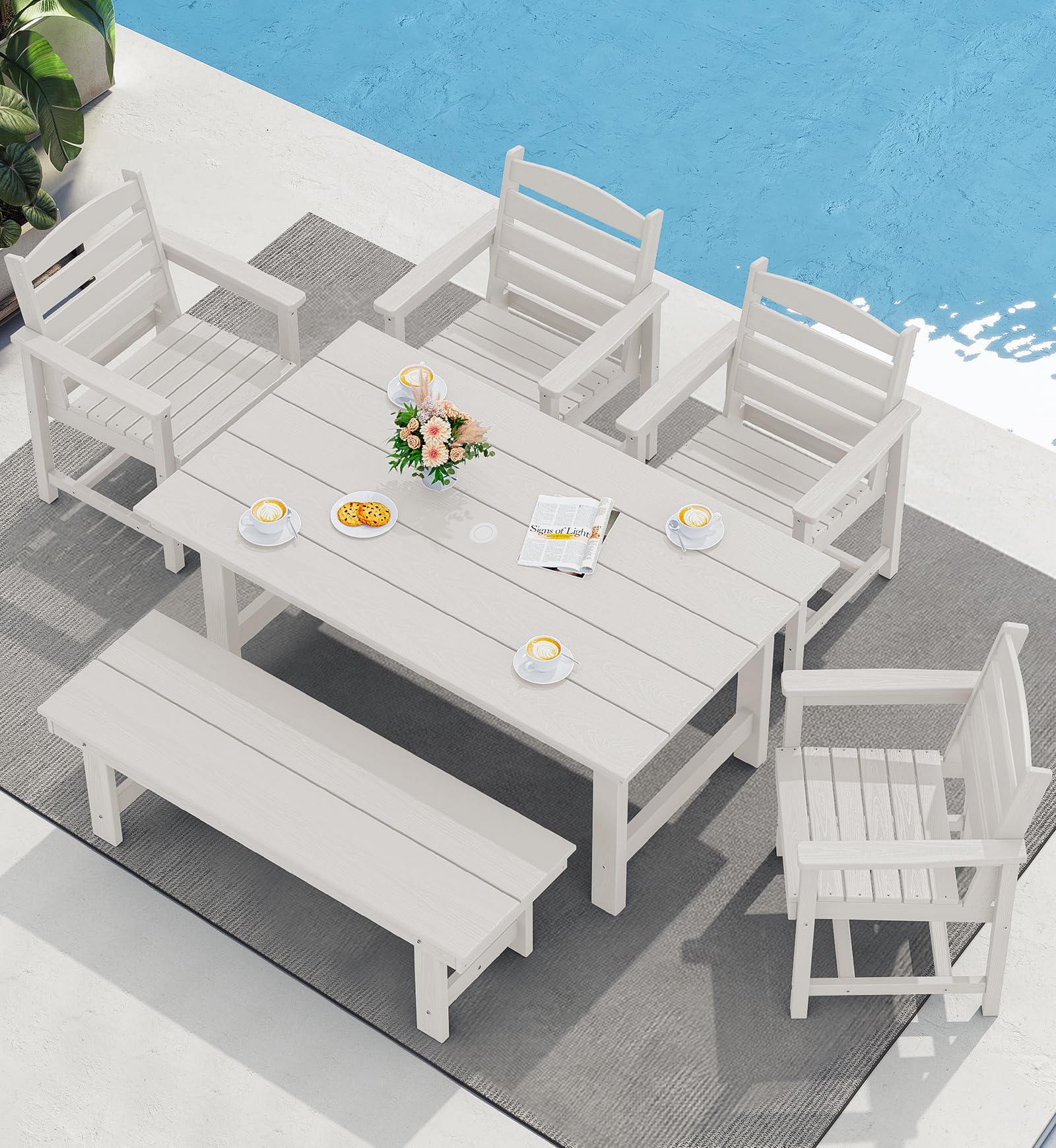 SERWALL Outdoor Dining Set for 6, HDPE Dining Furniture Set with Umbrella Hole Cut-Out Table and 1 Dining Bench and 4 Chairs, All Weather Outdoor