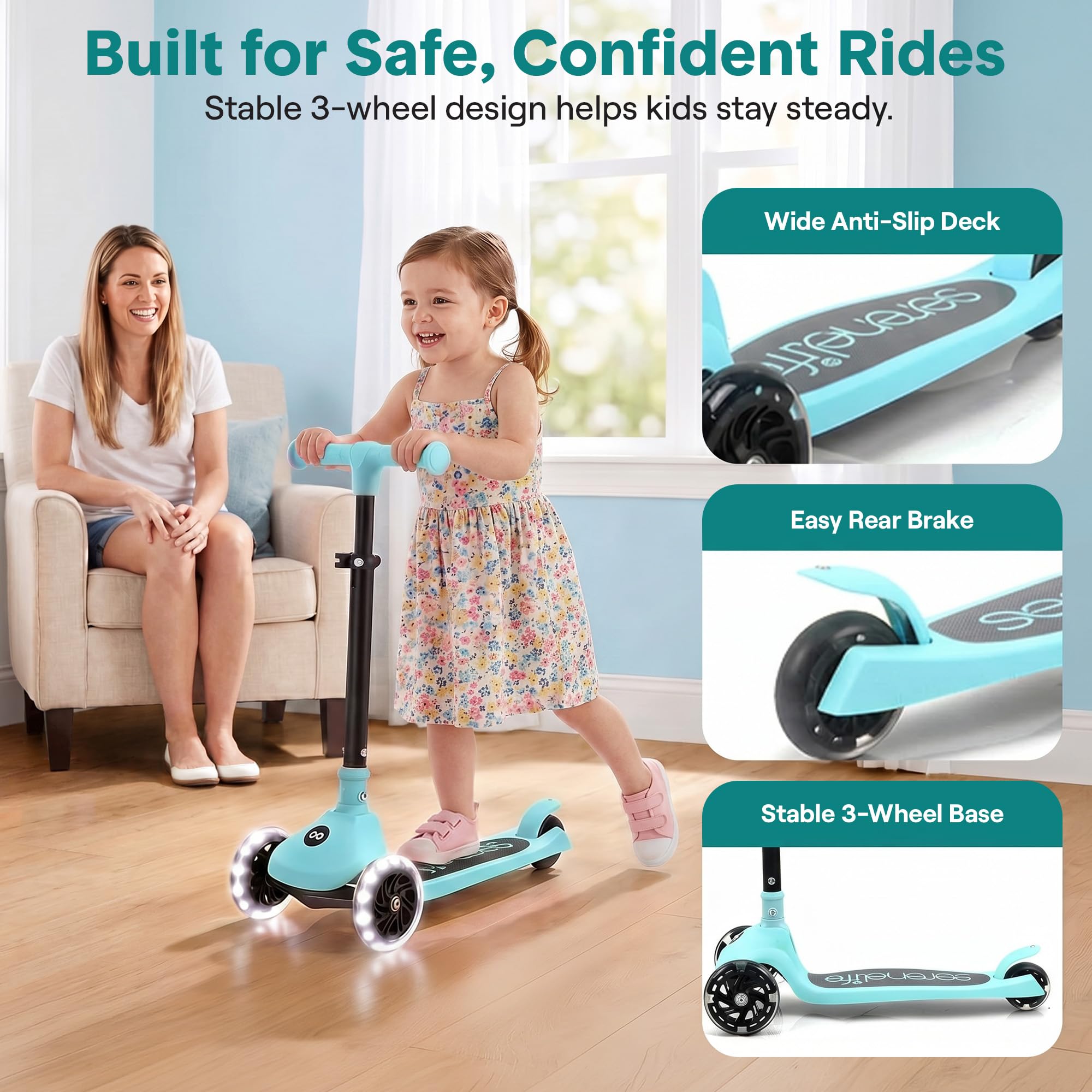 SereneLife 3-Wheel Foldable Kids Scooter – LED Wheel Lights, Adjustable Handlebar, Rear Foot Brake, Lean-to-Steer, Anti-Slip Deck – Ideal for Toddlers & Kids 3+, up to 110 lbs