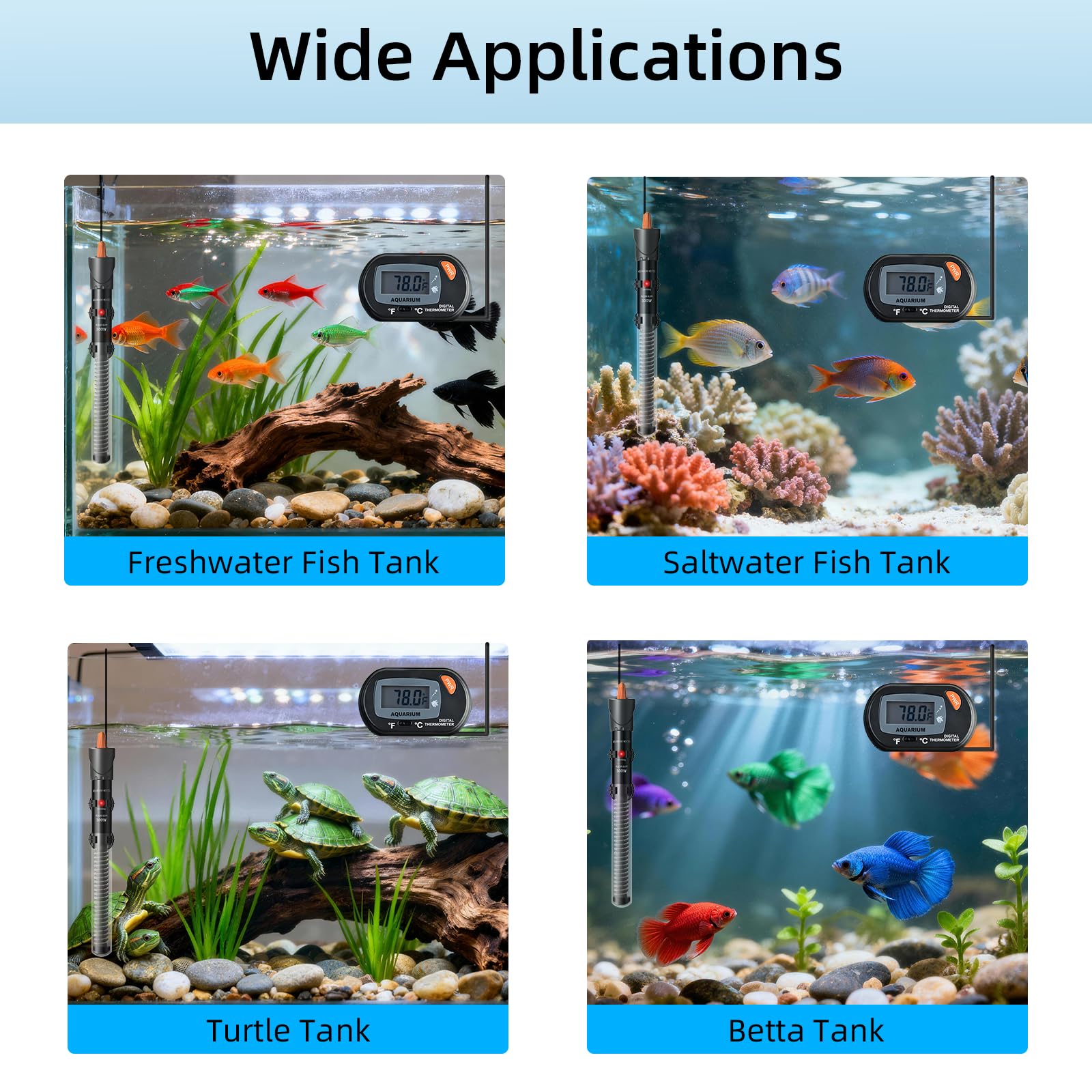 HiTauing Chauffage d'aquarium 25 W/50 W/100 W/200 W/300 W, bouton réglable, chauffage d'aquarium avec thermomètre numérique, chauffe-réservoir submersible Betta/Tortue pour réservoirs d'eau douce et