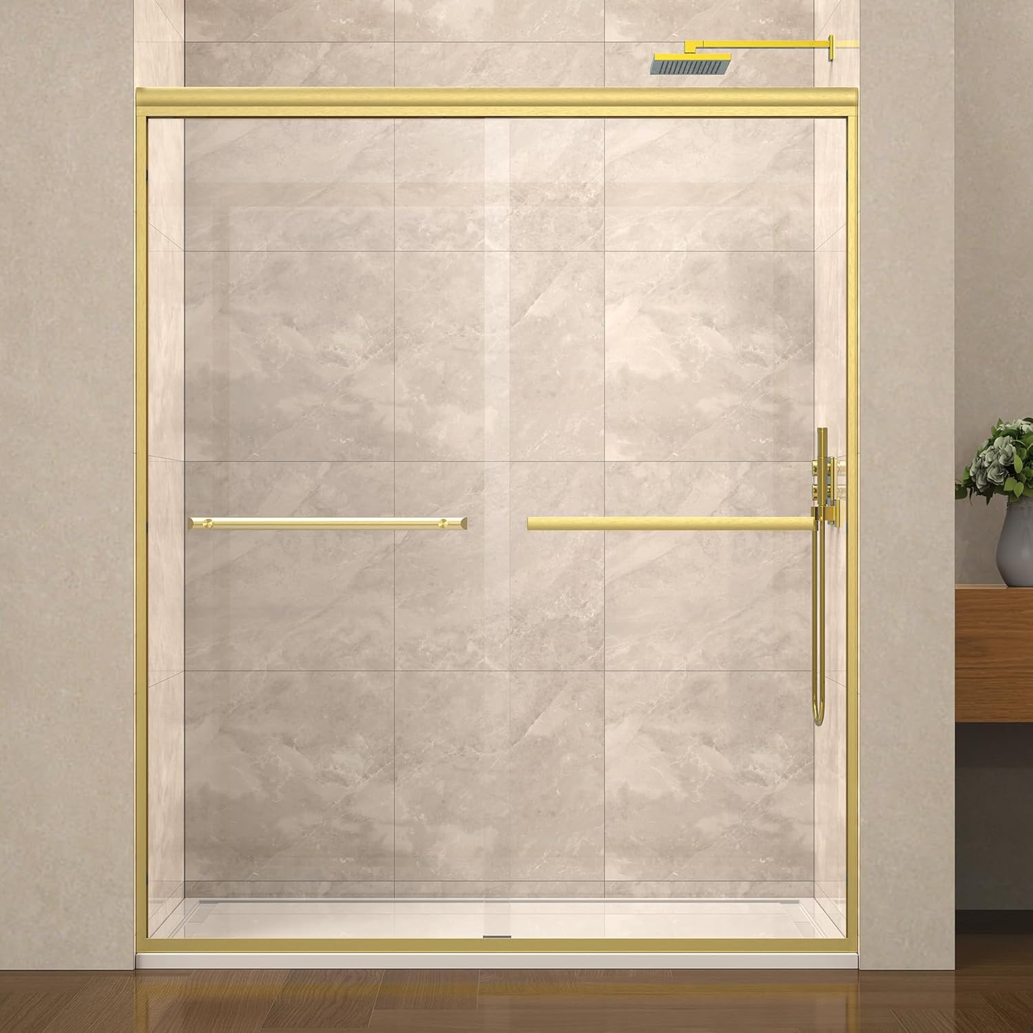 56-60" W x 72" H Semi-Frameless Bypass Sliding Shower Door, Easy-to-Clean Treated Clear Tempered Glass, Brushed Gold 60" W x 72" H Brushed Gold