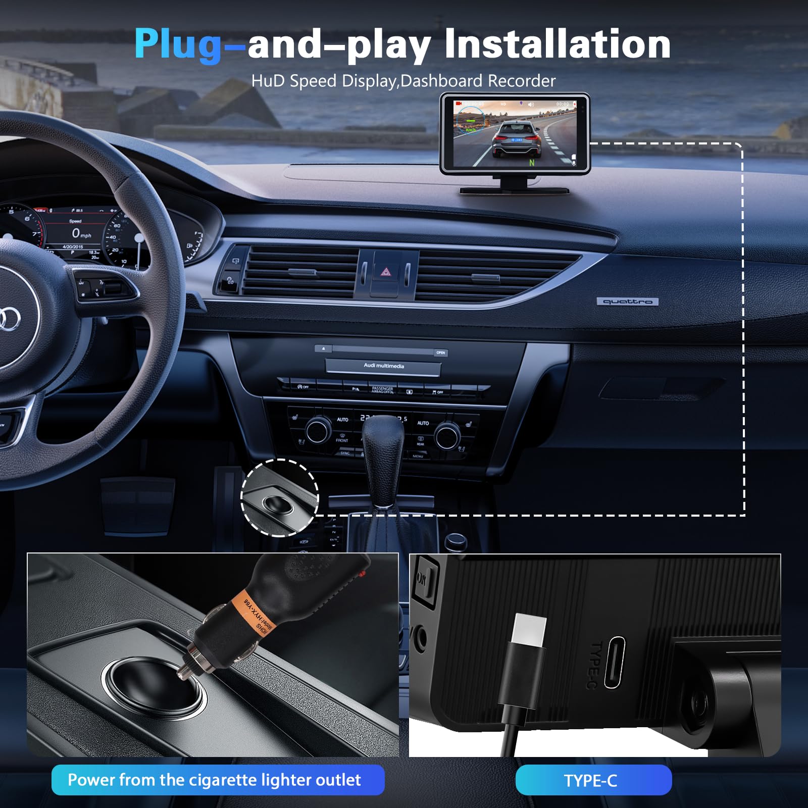 Inefala Dashcam WiFi con GPS/Registrazione a circuito chiuso/G-Sensor/64G SD Card, Dash Cam 1080P con IPS Schermo da 5 Pollici, HUD Display Head-Up Display per Velocità & Tempo