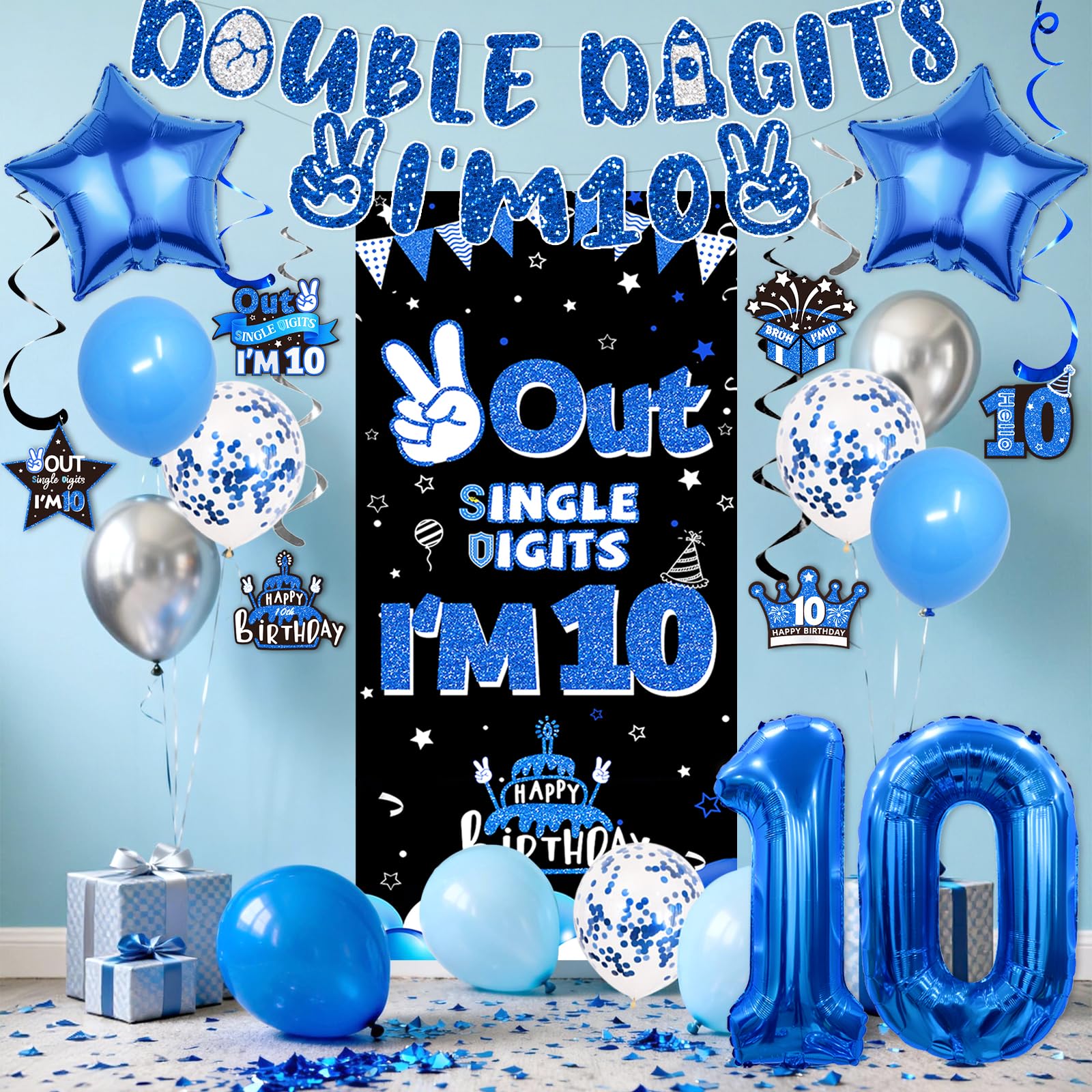 Blue Black Out Single Digits I'm 10 Dekoracje na przyjęcie urodzinowe