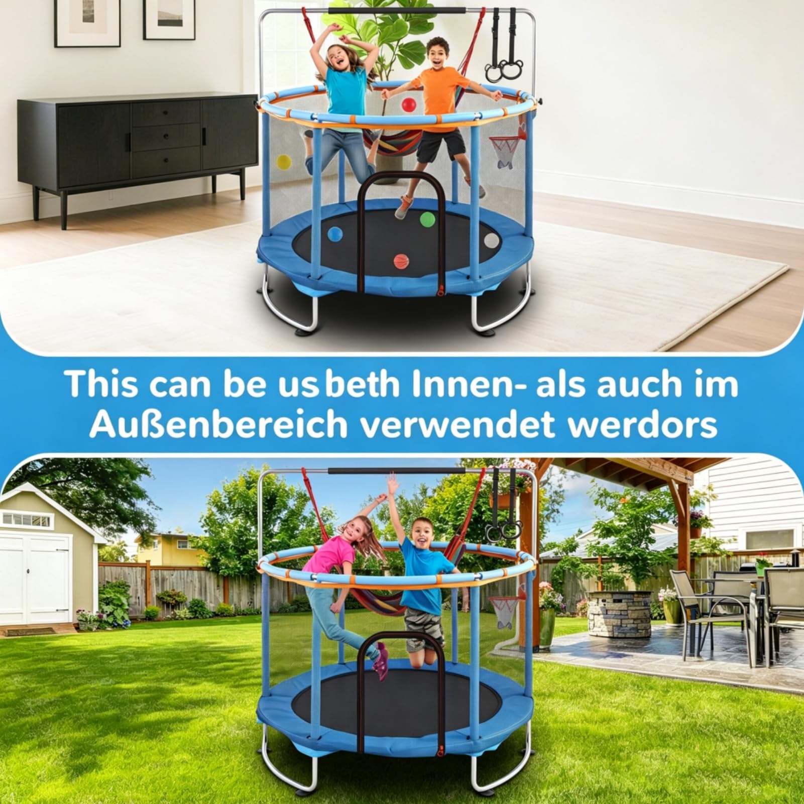 150cm Trampolino Elastico per Bambini, 5 in 1 Multifunzionale Tappeto Elastico con Altalena, Canestro Basket, Anelli, Rete Sicurezza e Ventose Antiscivolo, Altezza Regolabile per Bambini 2 ai 9 Anni
