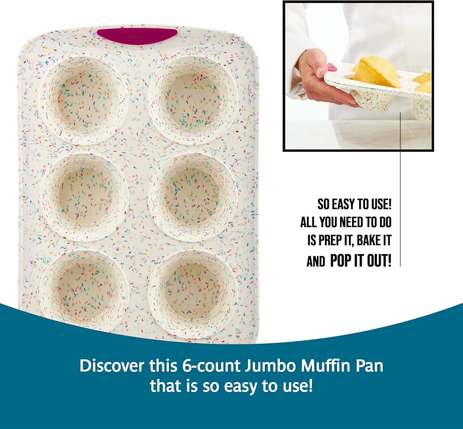 Trudeau Structure White Confetti 6-Cup Jumbo Muffin Pan – Premium Steel-Reinforced Silicone Bakeware, Nonstick BPA-Free Cupcake & Muffin Mold – Oven, Freezer & Dishwasher Safe