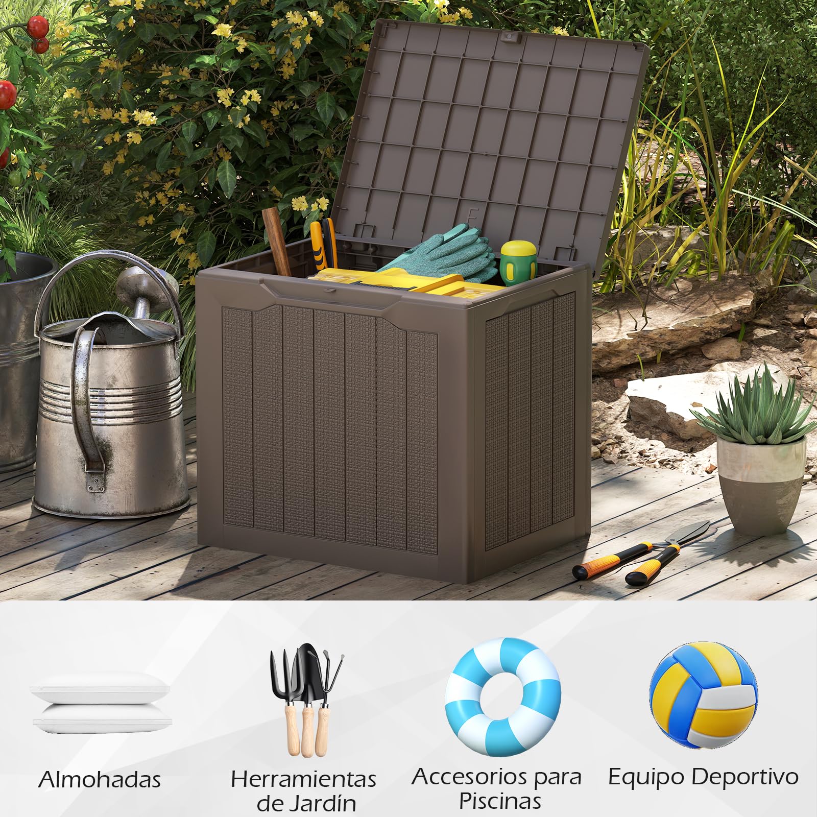 COSTWAY Arcón Jardin Exterior 96L, PP, Baul Almacenaje Exterior con Tapa Cerradura, Caja de Almacenamiento para Patio, 56 x 41 x 50,5 cm, Carga 150kg Terraza Balcón (café)