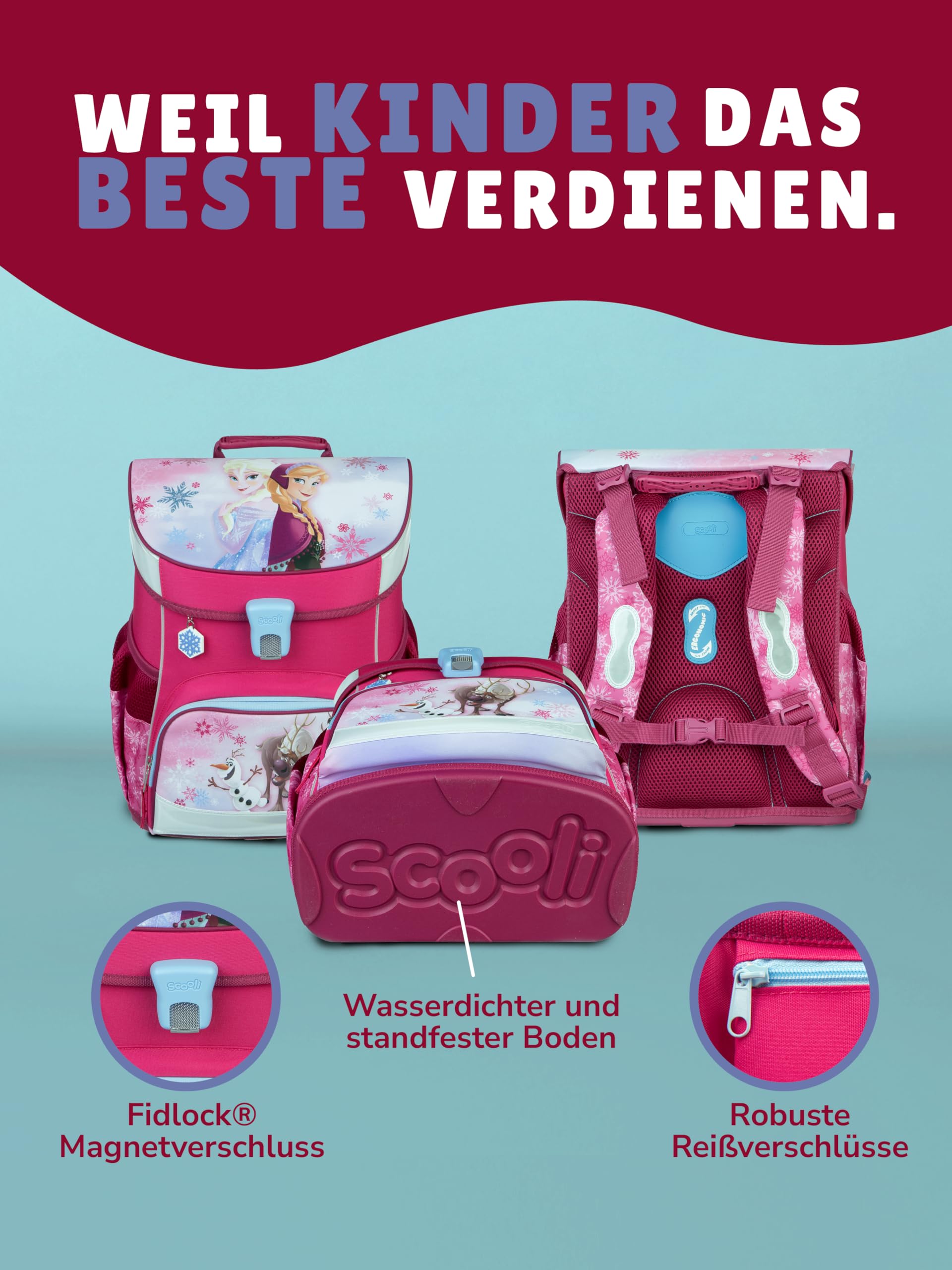 Familando - Scooli Campus Fit Schulranzen Set - 5-teilig mit Federmappe - Disney Die Eiskönigin (Frozen) - Ergonomisch, Stabil & 980g leicht - 18L Volumen - Brustgurt & Reflektoren - ab 1. Klasse