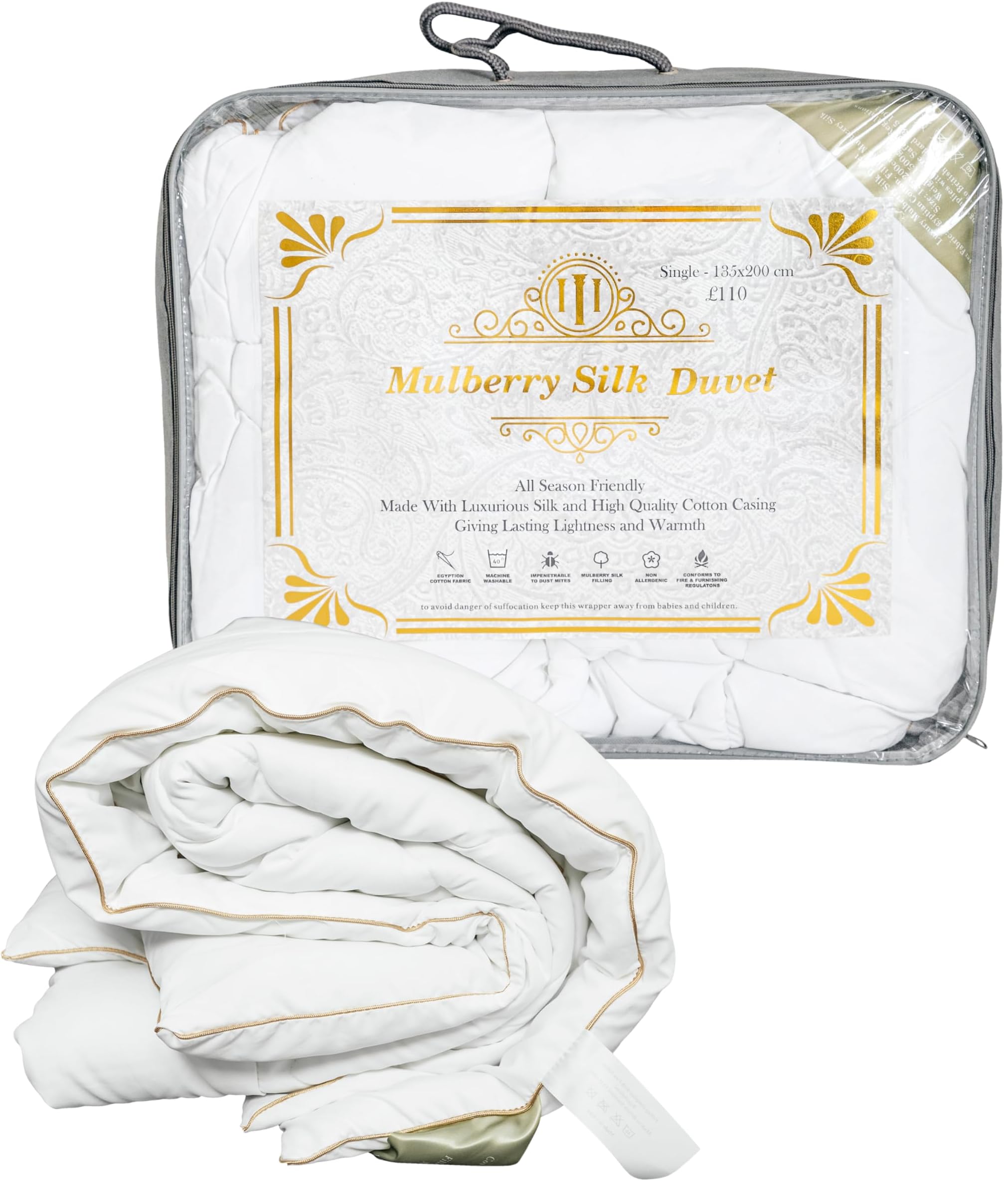 LuxBedCo Mulberry Silk Duvet with Egyptian Cotton Casing - Soft & Luxurious Silk Bedding for Winter & Summer Use - Double Duvet