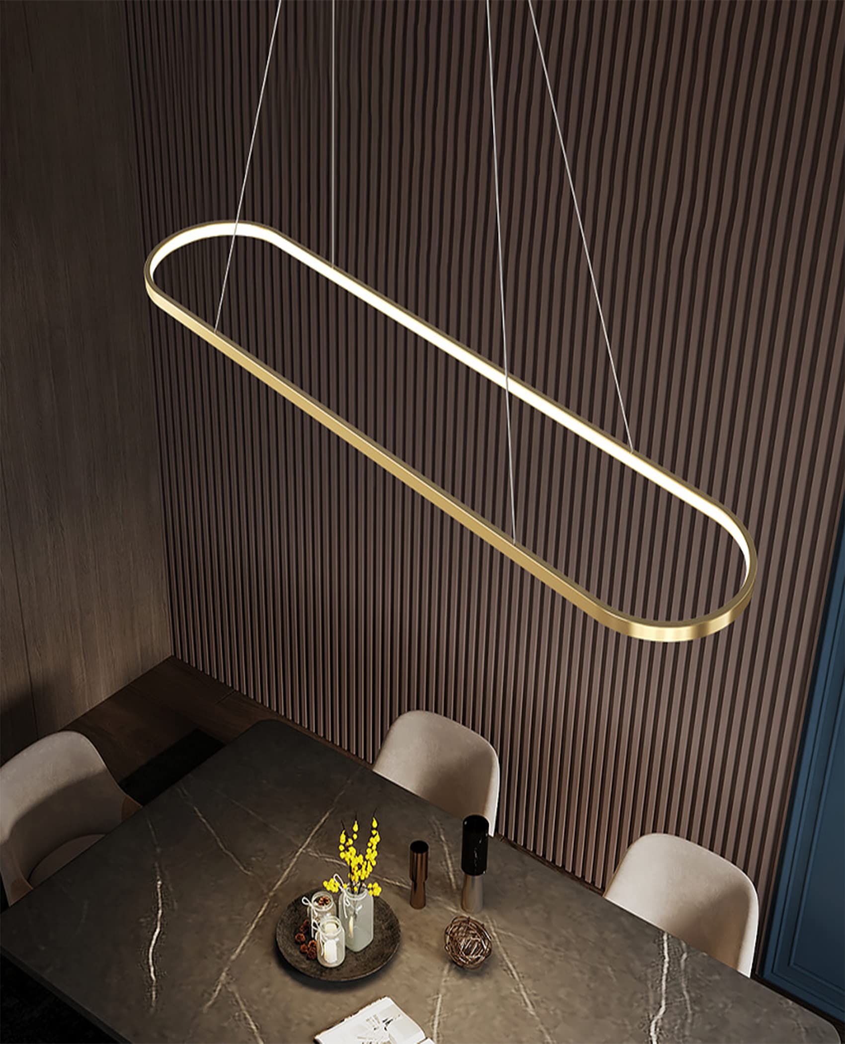 Lampada a sospensione da tavolo da pranzo, ovale, a LED, dimmerabile, con telecomando, da tavolo da pranzo, per cucina, ufficio, lampada a sospensione 90/120CM (Oro, 90CM/35.4″)