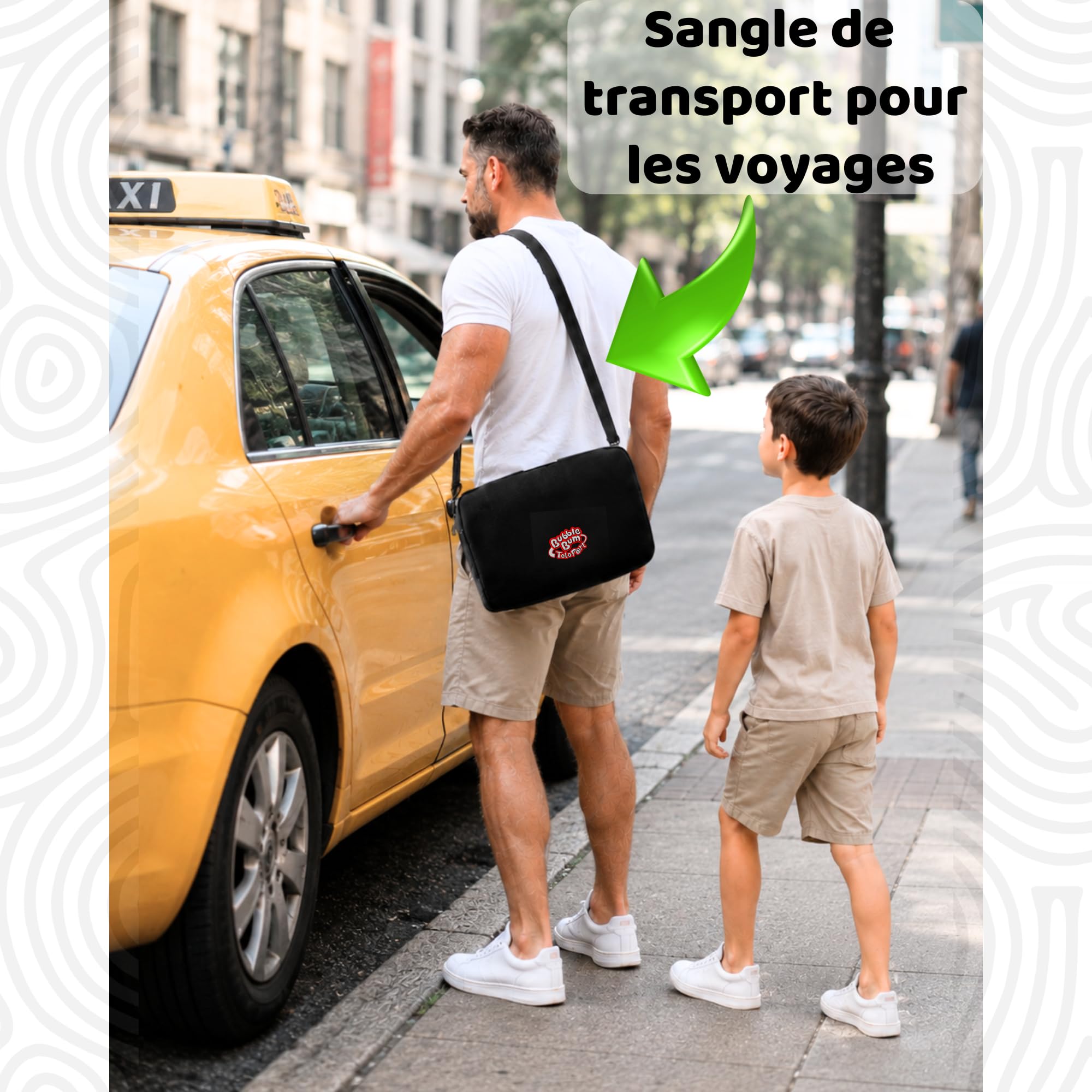 BubbleBum TelePort Rehausseur Voiture Enfant, Sièges Auto Voyage San Dossier, Réhausseur Voiture, Siège Auto Pliable Portable, Siege Auto Enfant 125-150cm, 5 à 12 ans, Groupe 2/3, i-Size R129 - Noir