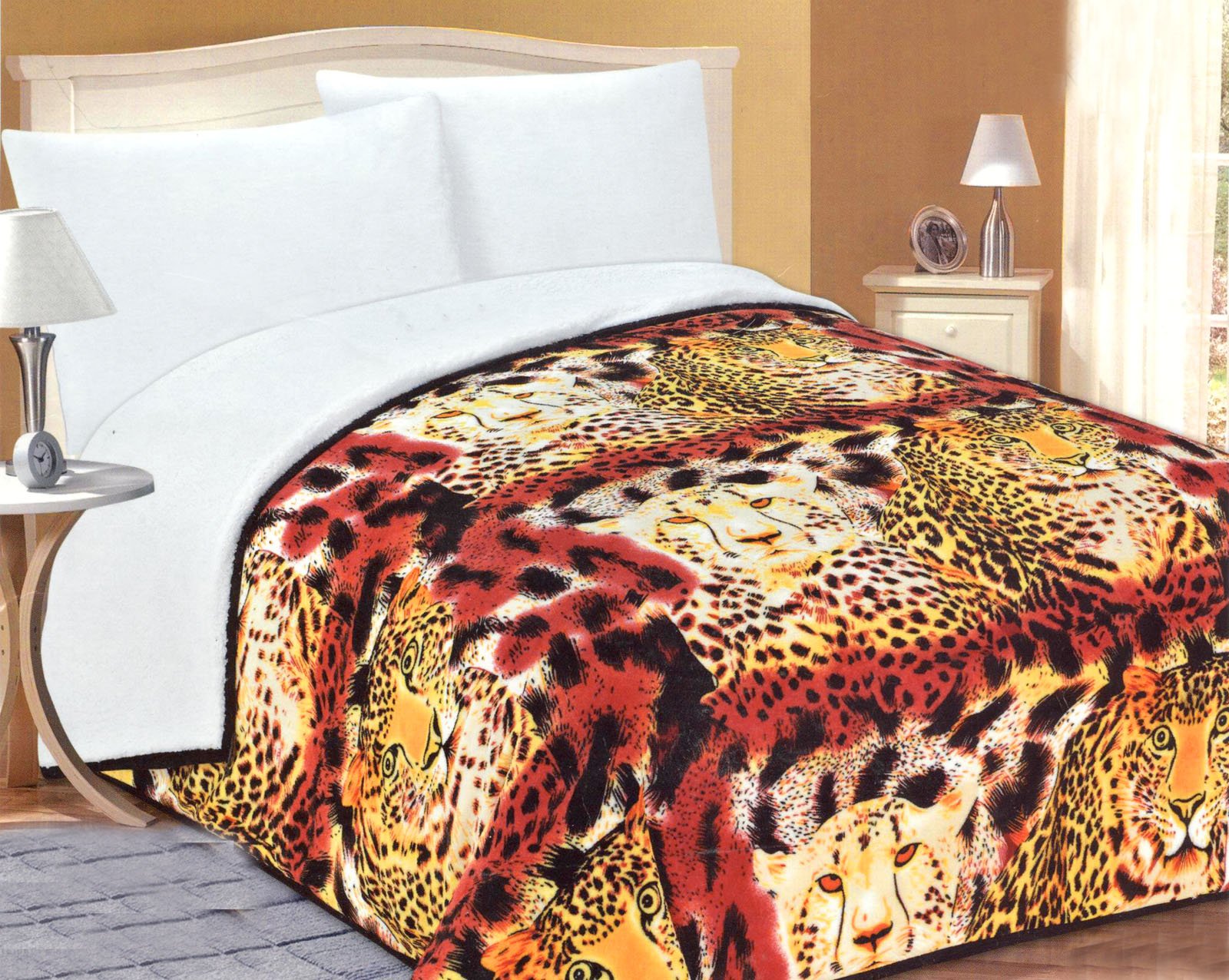 (Queen, Leopard Couple) - Luxurious Micro-Fibre Plush Sherpa Borrego 2 Ply Blanket Queen 230cm x 220cm Leopard Couple 100% Poloyester Ultra Soft and Cosy