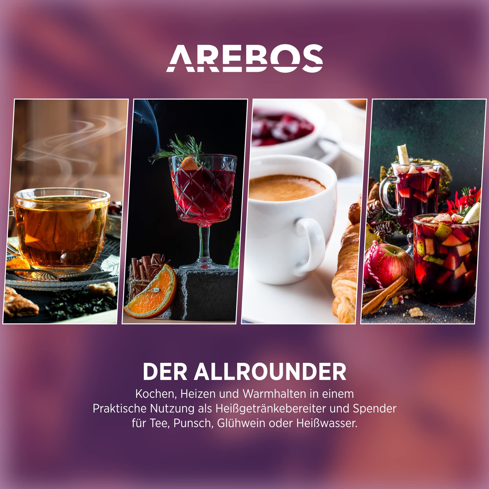 Arebos Glühweinkocher 950 W | Heißgetränkespender | 6,8 L | mit Auffangschale, Auslasshahn, Thermostat und Überhitzungsschutz | Temperatureinstellung von 30-110 °C | Schwarz