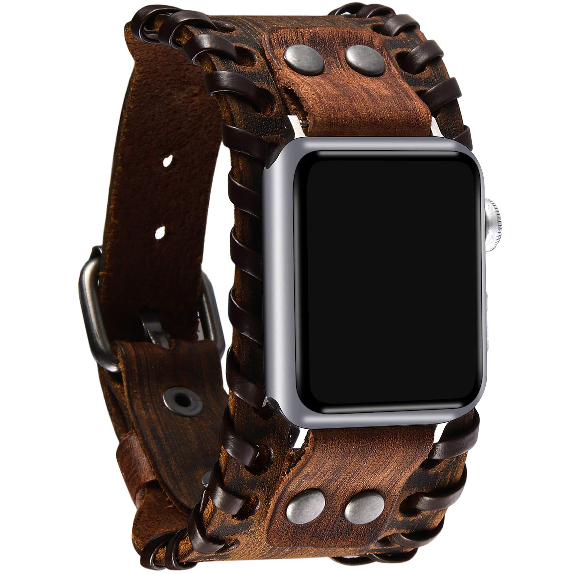 VIQIV Pulsera ancha de cuero compatible con Apple Watch de 38 mm, 40 mm, relojes deportivos para hombres y mujeres, correa de muñeca de repuesto unisex retro para iWatch Series SE 6/5/4/3/2/1, marrón