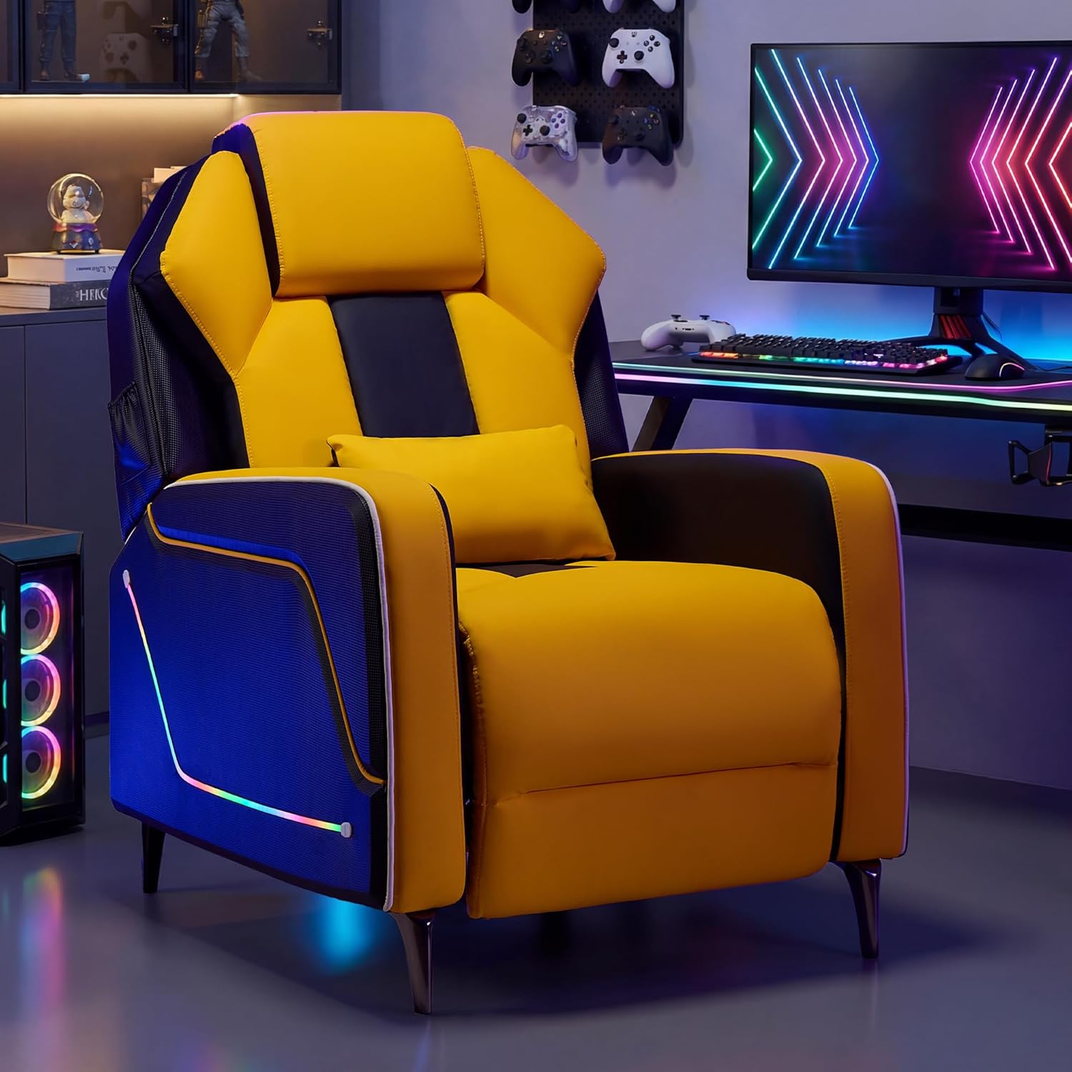 Gaming Recliner Chair with LED Lights Racing Style Big and Tall PU Leather Gaming Chair for Adults Lumbar Support Modern Ergonomic Comfortable Home Theater Seating for Living Room (Yellow)