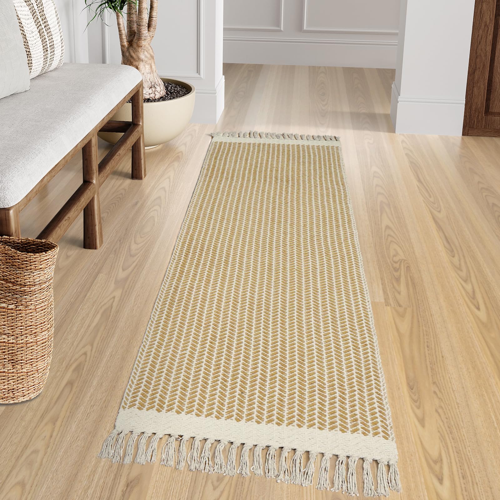 Lahome Boho-Läufer für Flur, 5x15 cm, Waschraumteppich, leichter Eingangsläufer, gewebte Baumwolle, Überwurfmatte mit Quasten, Bauernhaus, Niederflor-Läufer für Küche und Badezimmer, Khaki