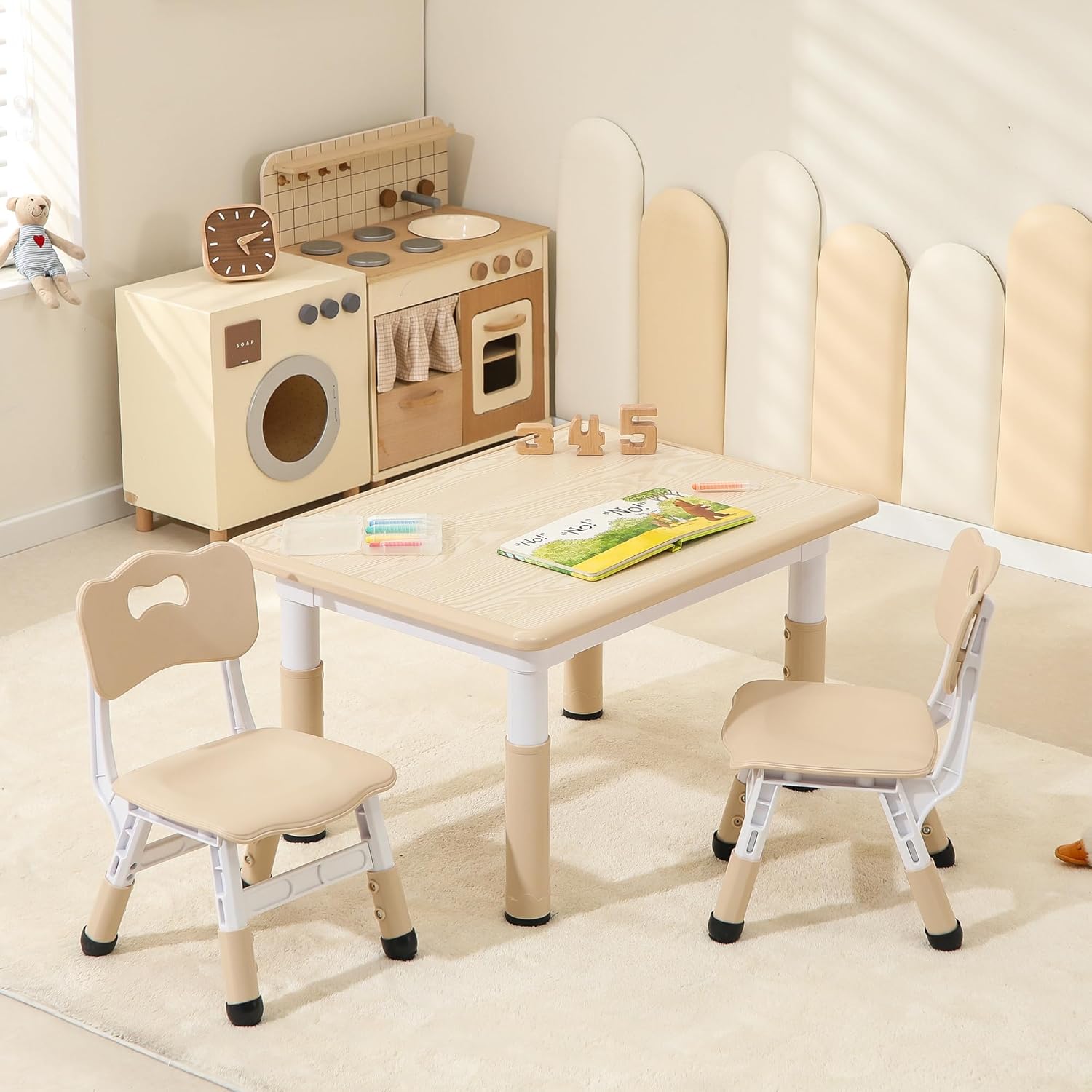 Kids Table & Chairs Set, Height Adjustable Toddler Study Table with Anti-Slip Foot Covers, Ages 2-10