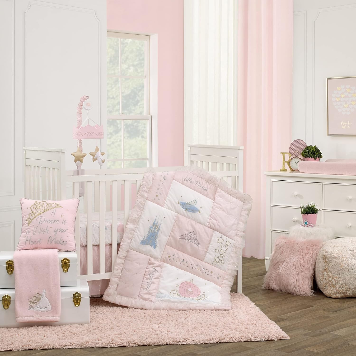 Disney Princess Enchanting Dreams White and Pink Cinderella A Dream is a Wish Your Heart Makes 100% Cotton Photo Op Nursery Fitted Crib Sheet