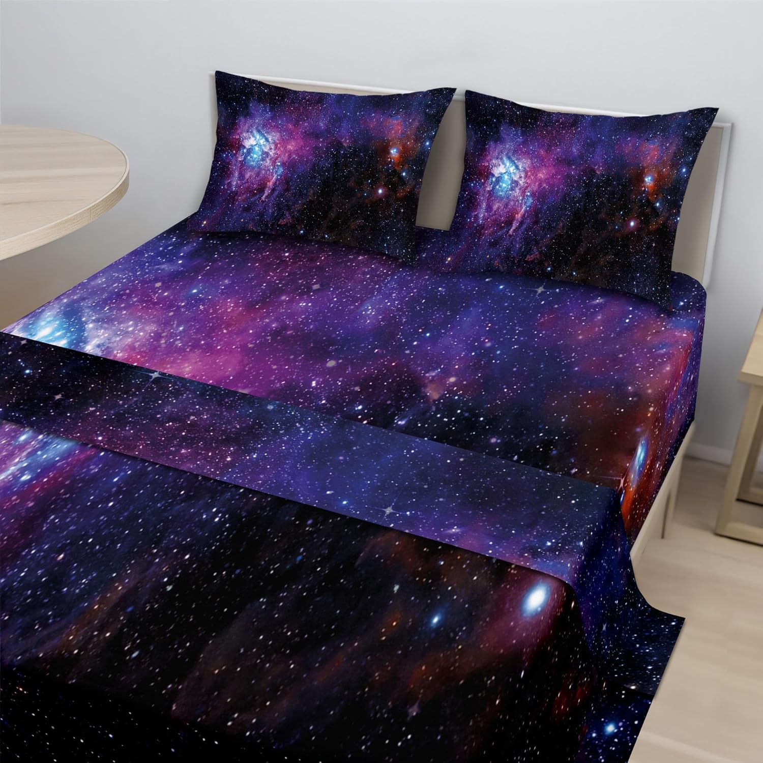 Ambesonne Galaxy Sheet Set, Starry Night Nebula Cloud Celestial Theme Image Space Art Elements Print, Fitted and Flat Sheet with Pillowcases Bedding Accent 4 Piece Set, Full, Black Purple
