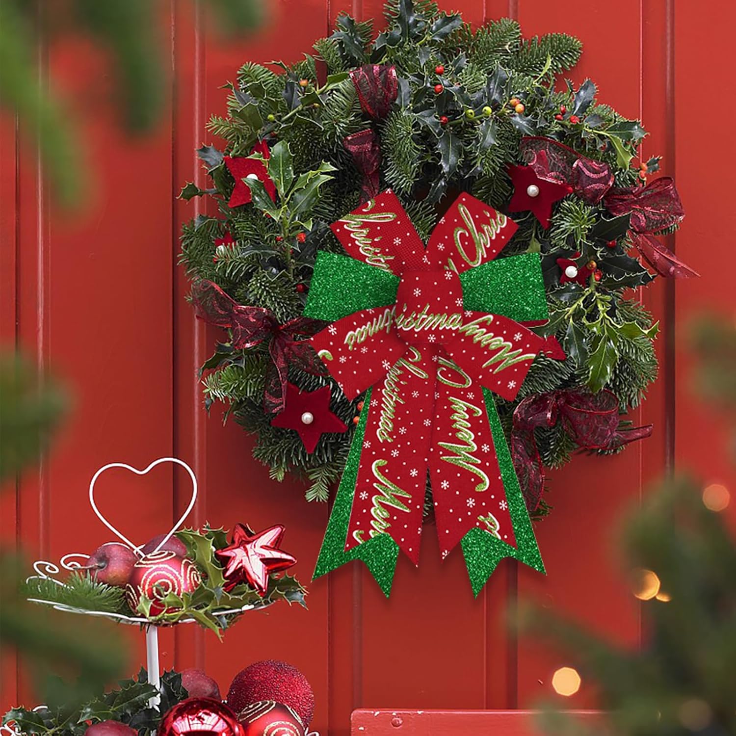 2 Pack Christmas Wreath Bows Christmas Decor Bows Glitter Green Red Words Ribbon Bows for Wreath, Xmas Tree Topper Bows for New Year Party Decoration Home Indoor Outdoor Wreath Ornament Supplies - Image 3