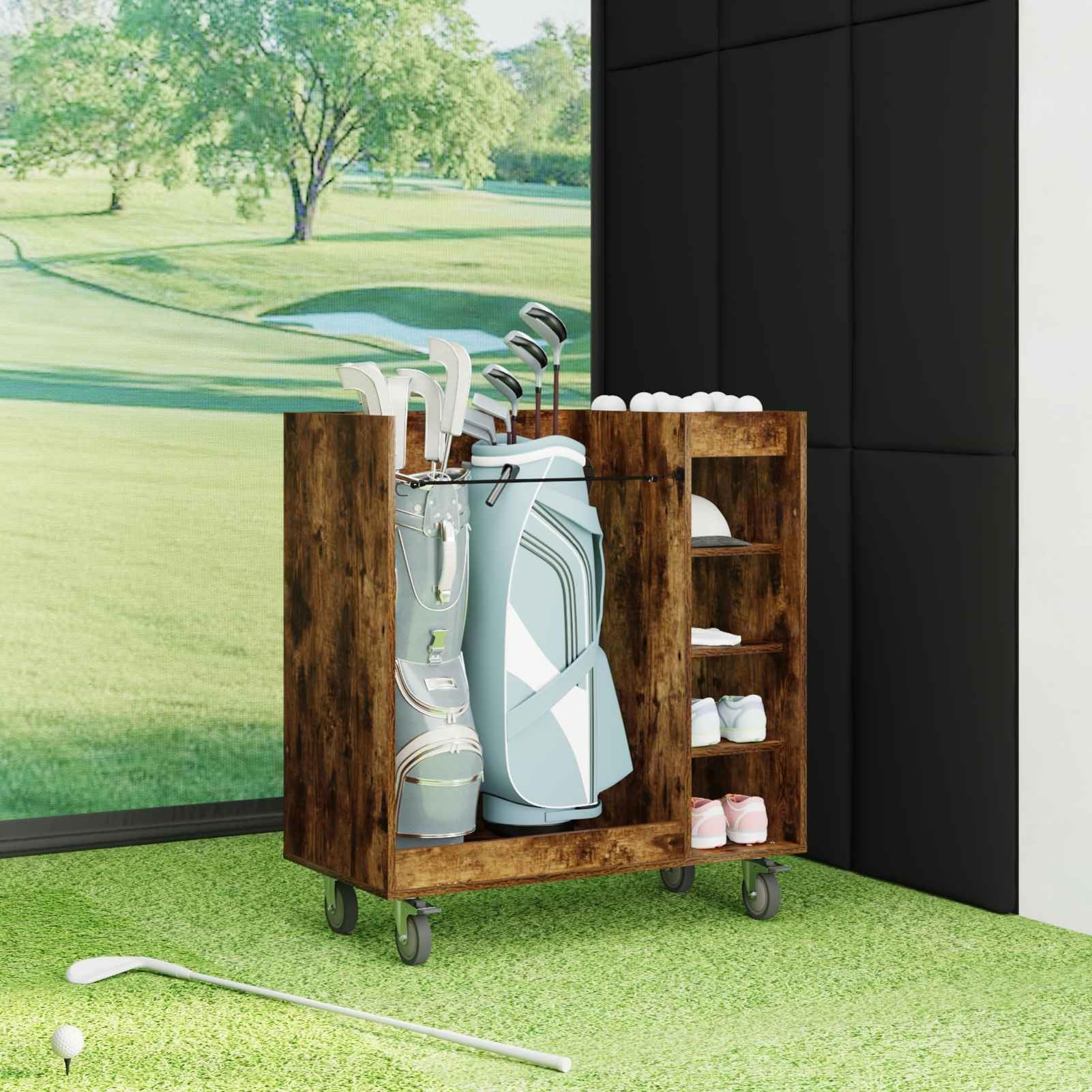 Gecheer Golfschrank mit Rädern, Aufbewahrungsschrank für Golfzubehör, 90 x 45 x 98 cm, Holz in geräucherter Eiche, freistehende Regale mit Metallrückwand für Garage oder Wohnraum