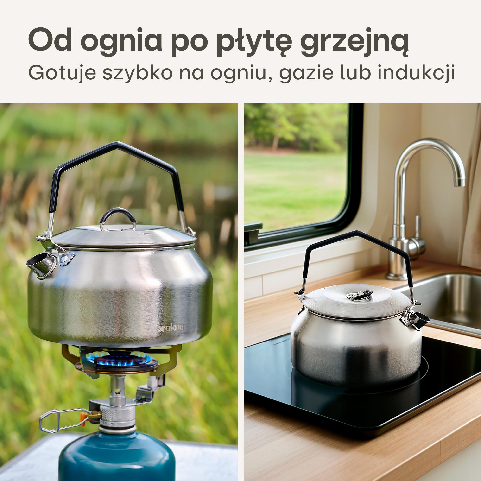 Praknu Zestaw Czajnik Turystyczny 1L Stal Nierdzewna – Czajnik, Kubek, Zaparzacz & Torba – Sztaplowany – Uchwyt z Silikonu Odporny na Ciepło – Indukcja, Gaz & Ogień – Do Zmywarki