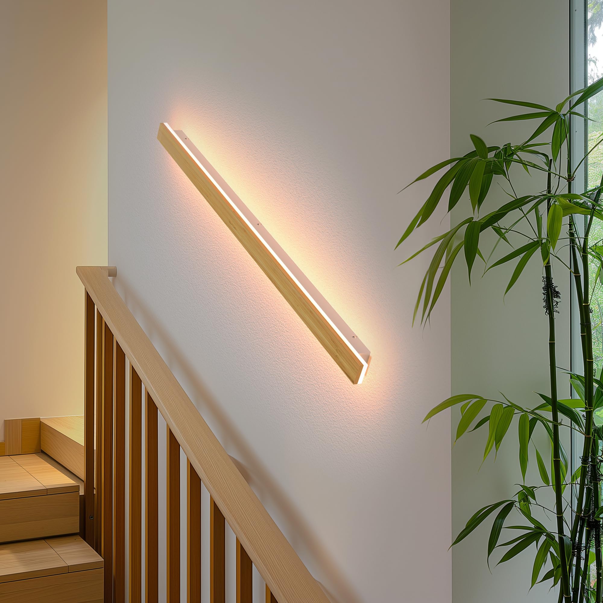 Lámpara de pared LED de madera para interiores Regulable con control remoto Aplique larga hecha de bambú Lámparas de 41W Iluminación de pared de madera para dormitorio,sala de estar,pasillo, 115cm