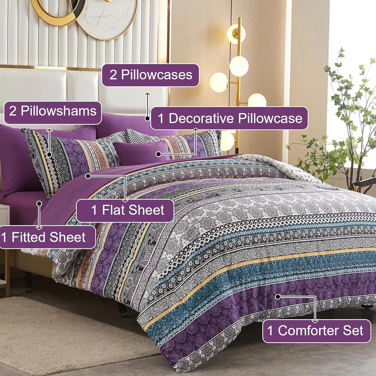cottolester boho comforter set queen size,8 piece bed in a bag bohemian striped bedding quilt set,purple paisley floral comforter and sheet set,soft microfiber complete bedding sets for all season queen purple