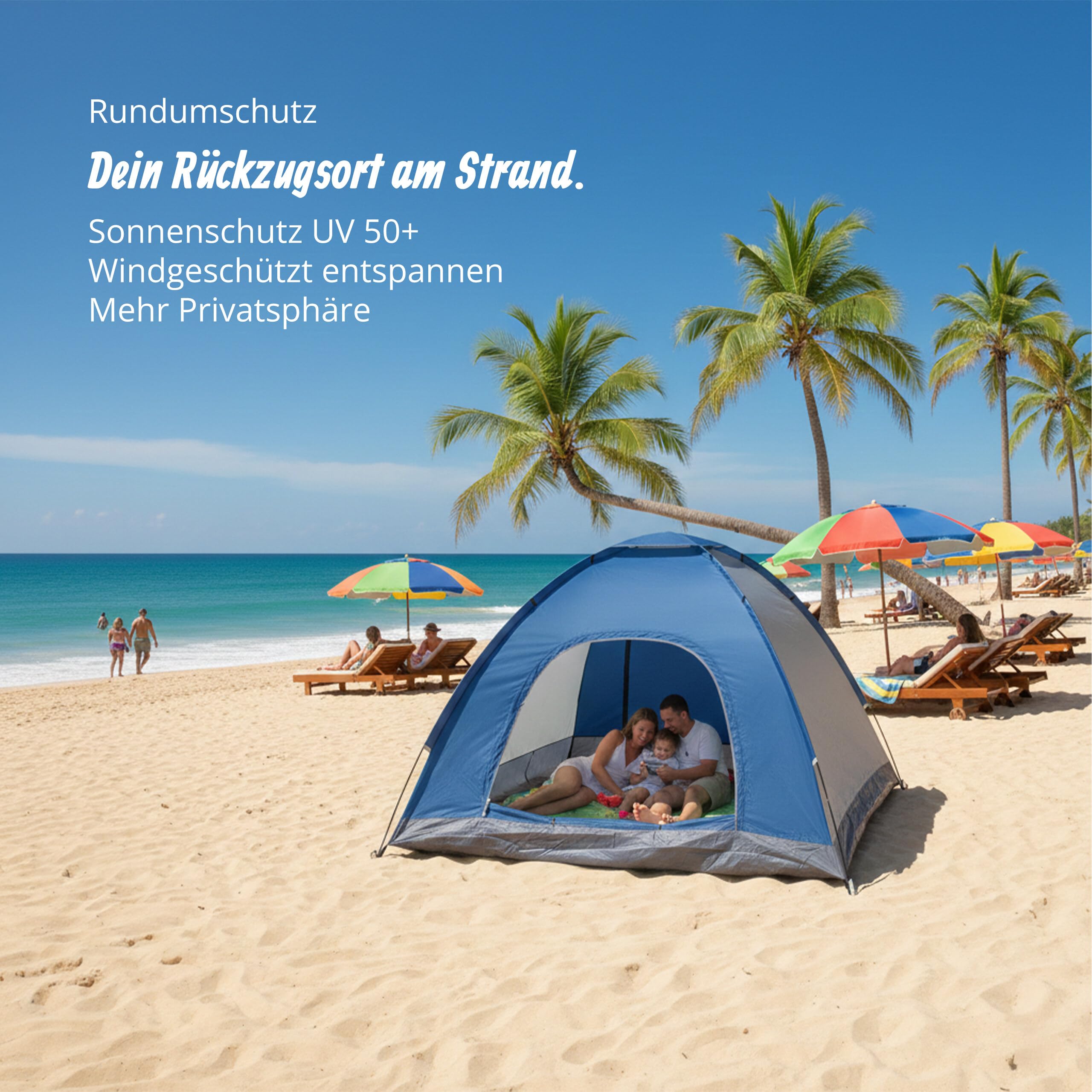 Relaxdays Pop Up Zelt Strand, Wurfzelt, 2-3 Personen, kleines Packma , UV Schutz 50+, HxBxT: 135 x 200 x 200 cm, blau, Einheitsgrosse, 10023316_473
