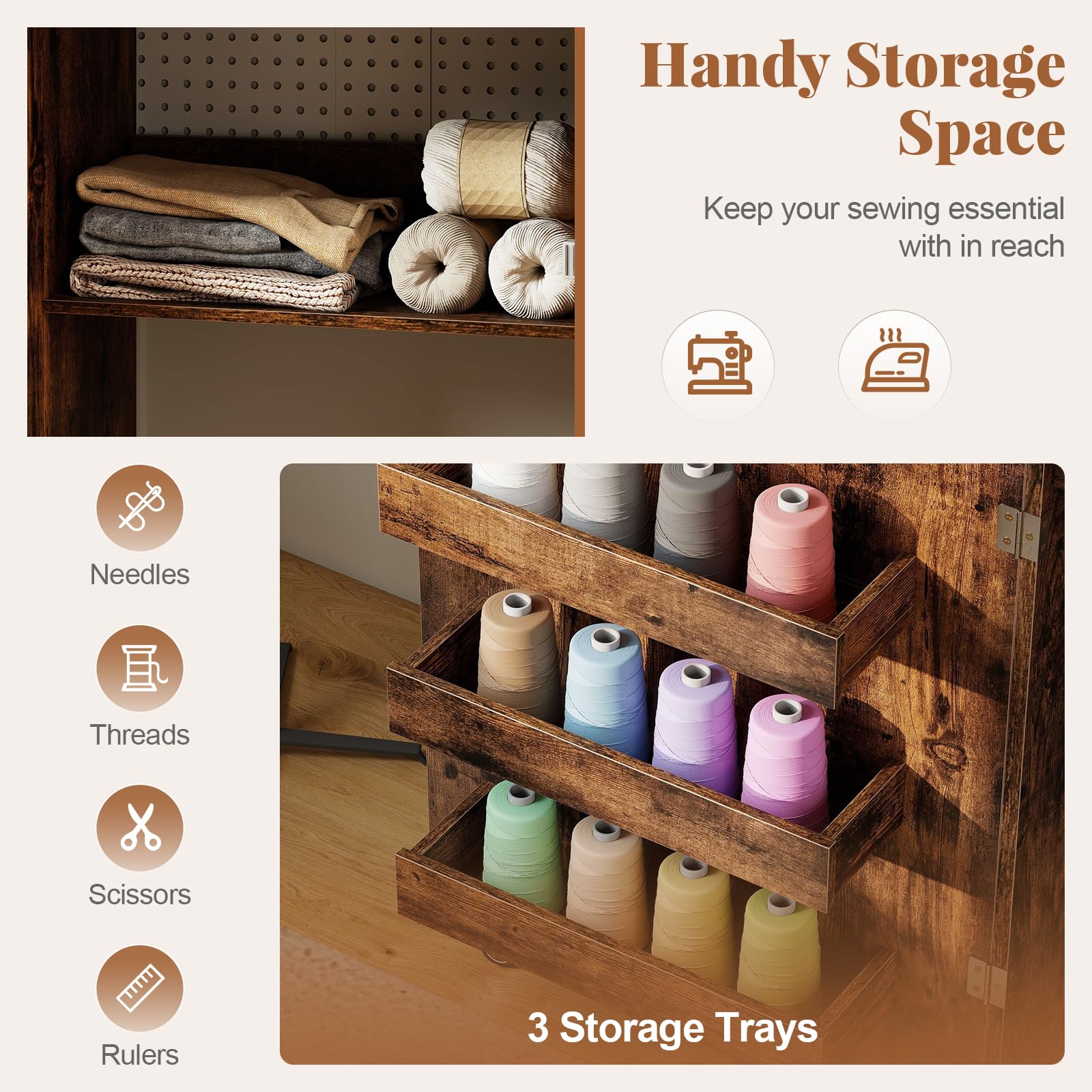 FANTASK 2 in 1 Zusammenklappbarer Nähtisch, Nähmaschinenschrank mit Ladestation, Regalen und abschließbaren Rädern, Nähtisch aus Holz, Mehrzweck-Bastelstation für Wohnzimmer, Schlafzimmer (Braun)
