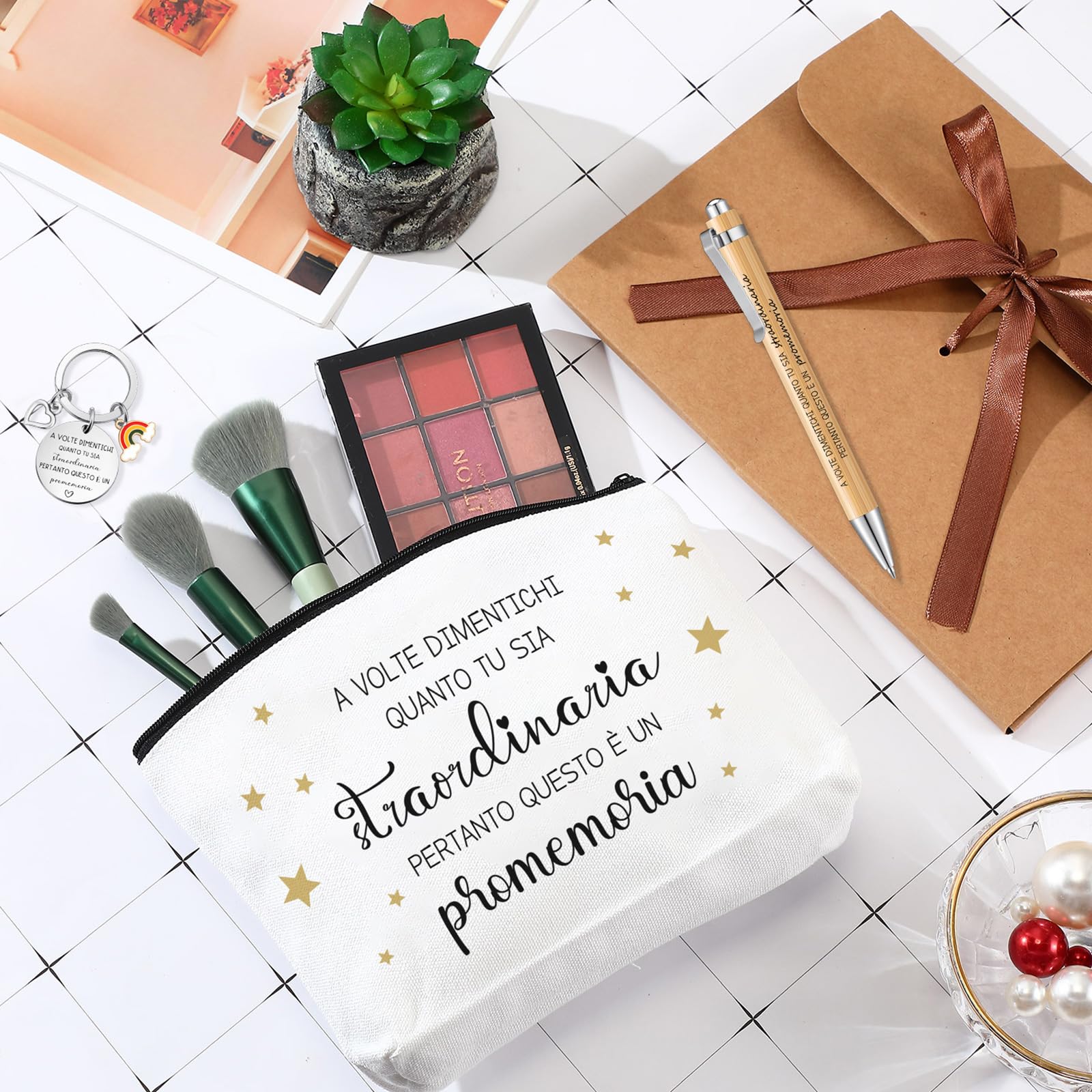 Set Regalo Motivazionale Portachiavi Regalo Ispiratore Citazione Ispiratrice Borsa per Trucco Penna a Sfera con Sacchetto Regalo per Collega e Amica Compleanno Natale Regalo(Bianco,Legno)