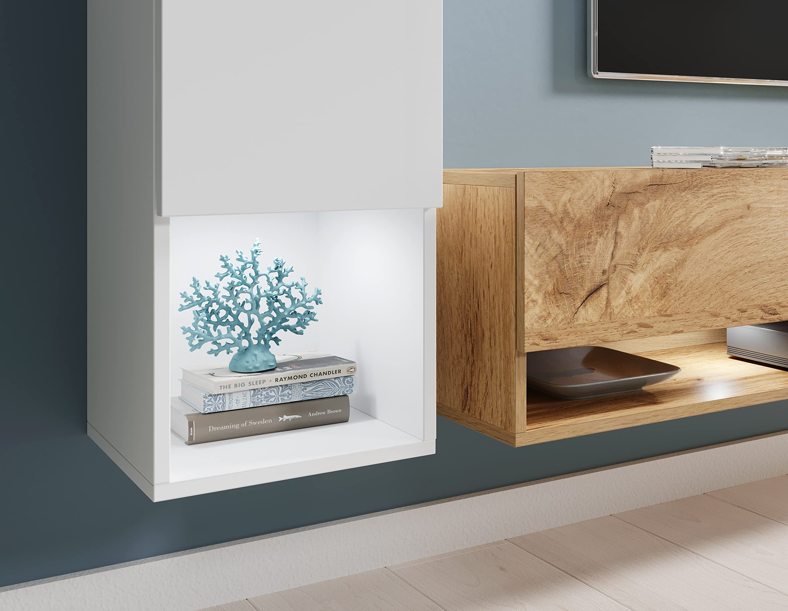 PIASKI Amedeo, set di mobili da soggiorno, illuminazione a LED opzionale, set di mobili da soggiorno, vari colori, mobili da appendere (Wotan, con illuminazione a LED)