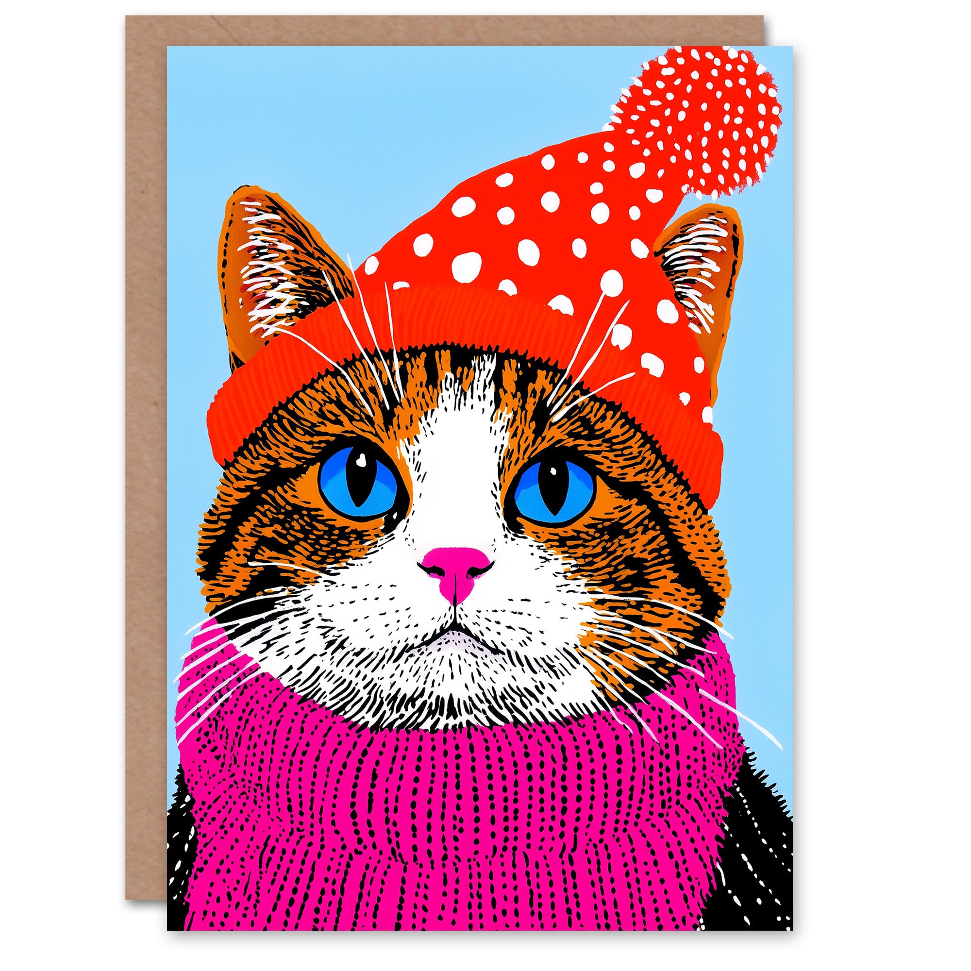 Wee Blue Coo Greeting Card Tabby Red Winter Hat Pink Scarf Ginger Cat Lover Blank For Him Or Her Art Xmas Christmas Card