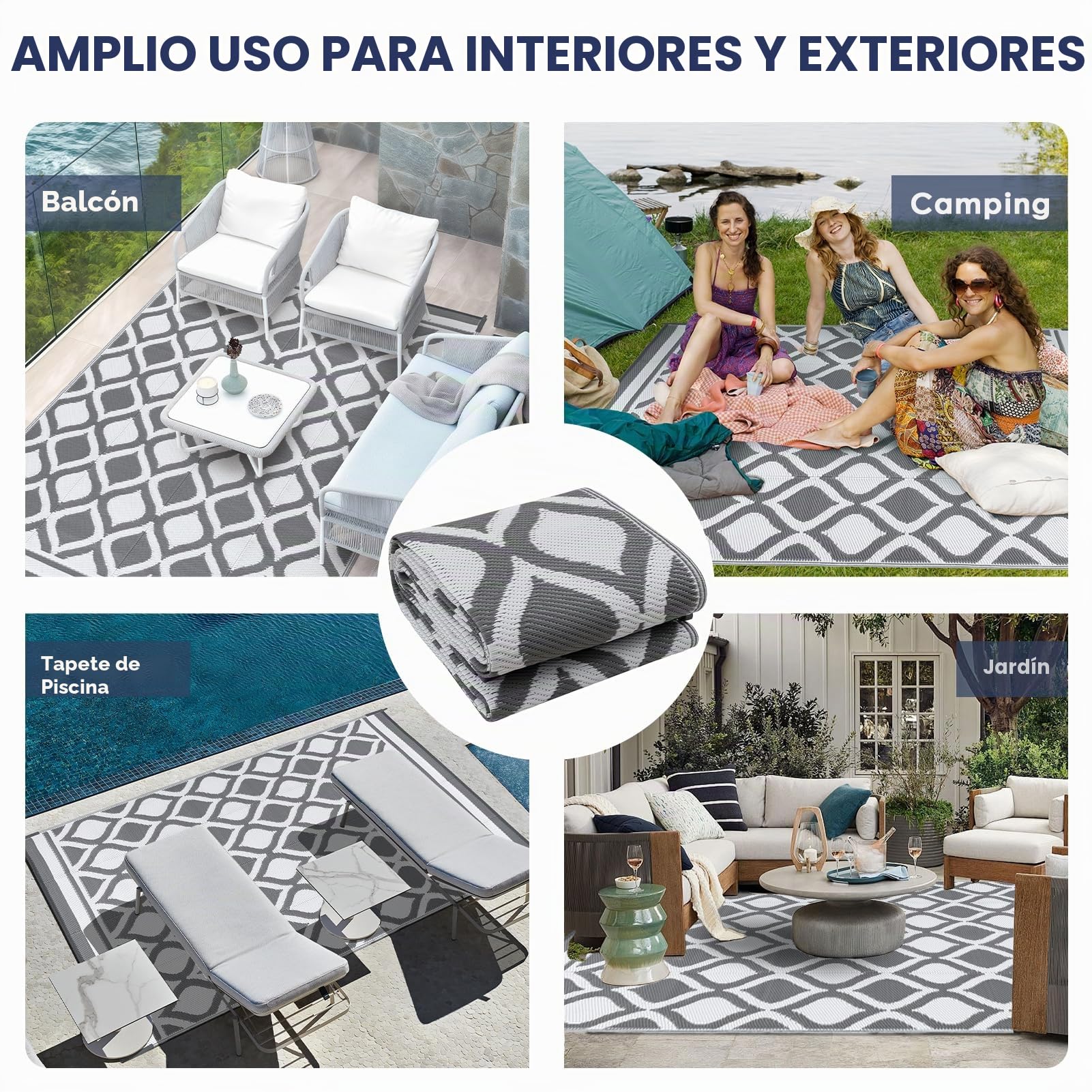 VK·LIVING Alfombra Exterior 120X180cm Impermeable Reversible Duradera & UV Resistente Moderna Portátil Ligera para Alfombra de Exterior Balcón Camping Patio RV Gris&Blanco